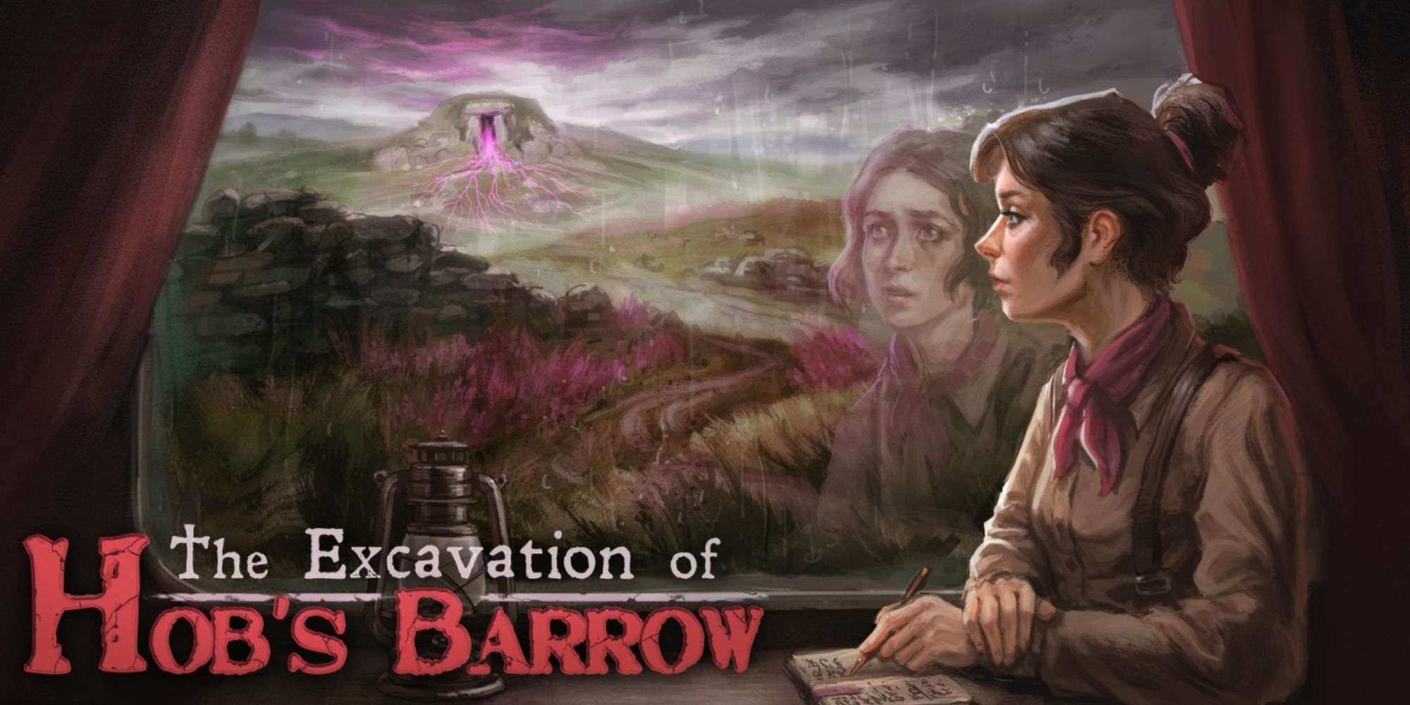 Character looks out the window with their reflection on the glass next to the text The Excavation Of Hob's Barrow