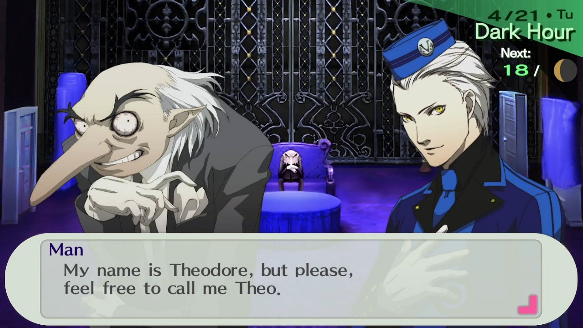 the female protagonist meeting theodore in the velvet room with igor on 4-21