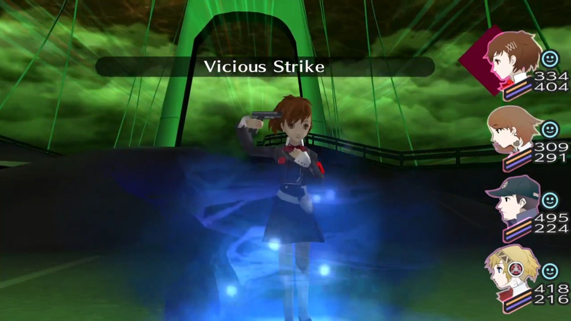 the female protagonist on the moonlight bridge using her evoker to cast vicious strike in persona 3 portable