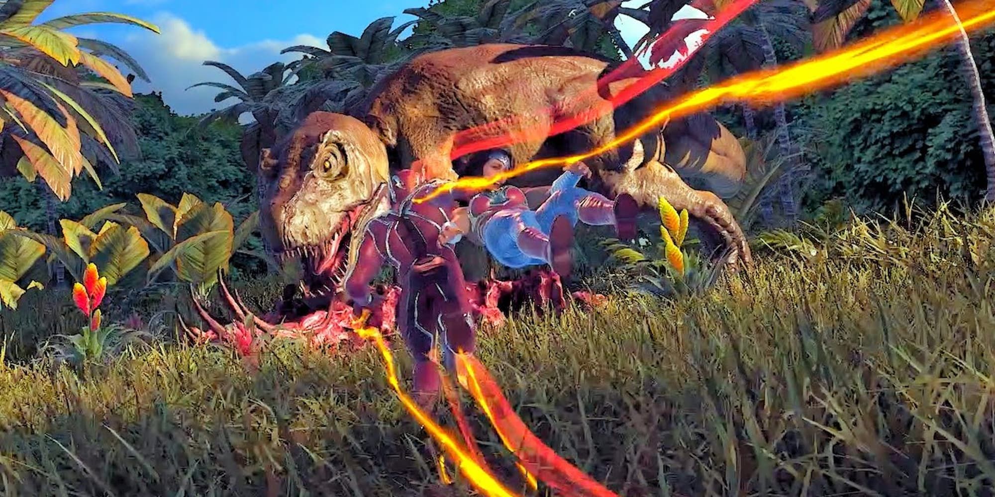 The Flash carries Wonder Woman through time past a dinosaur with his super move in Injustice.