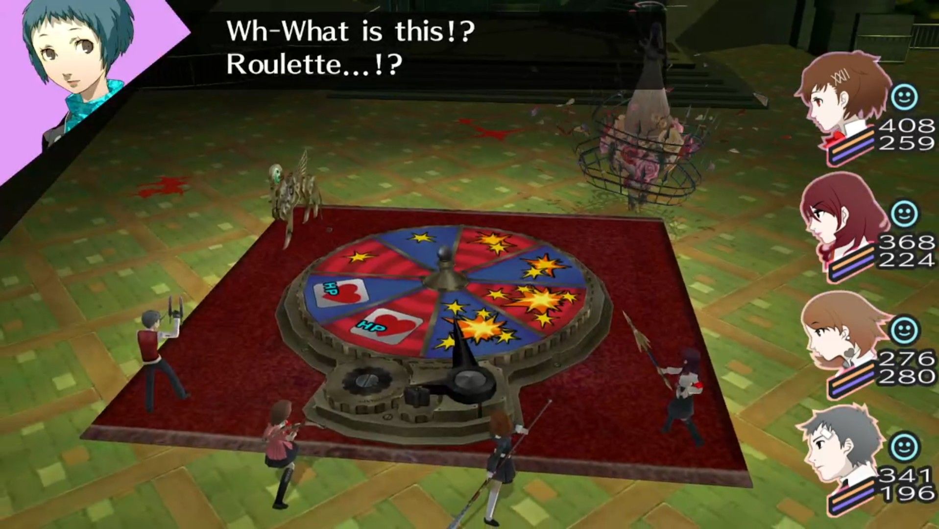 the fortune shadow bringing out the wheel of fortune wheel during its full moon operation in persona 3 portable