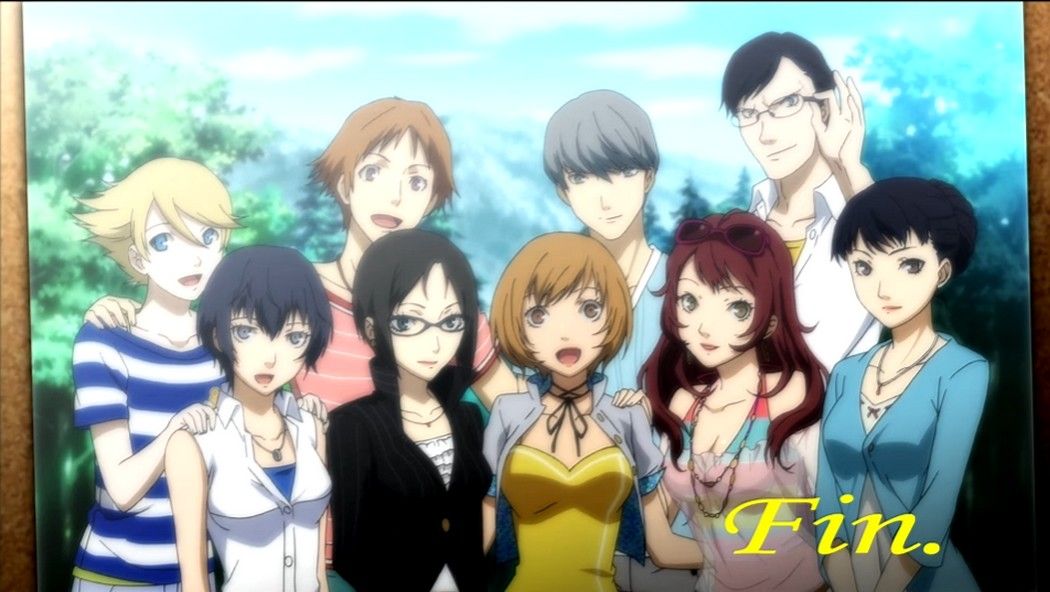 the investigation team and marie in the final shot of persona 4 golden from the golden ending