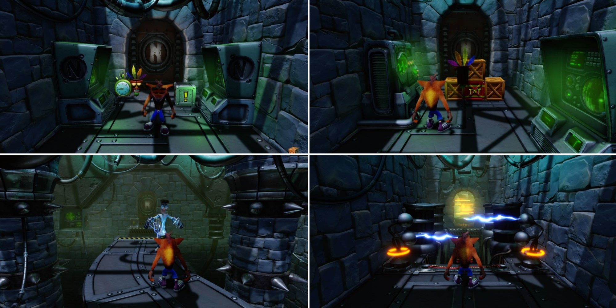 Four screenshots of the level The Lab from Crash Bandicoot N-Sane Trilogy