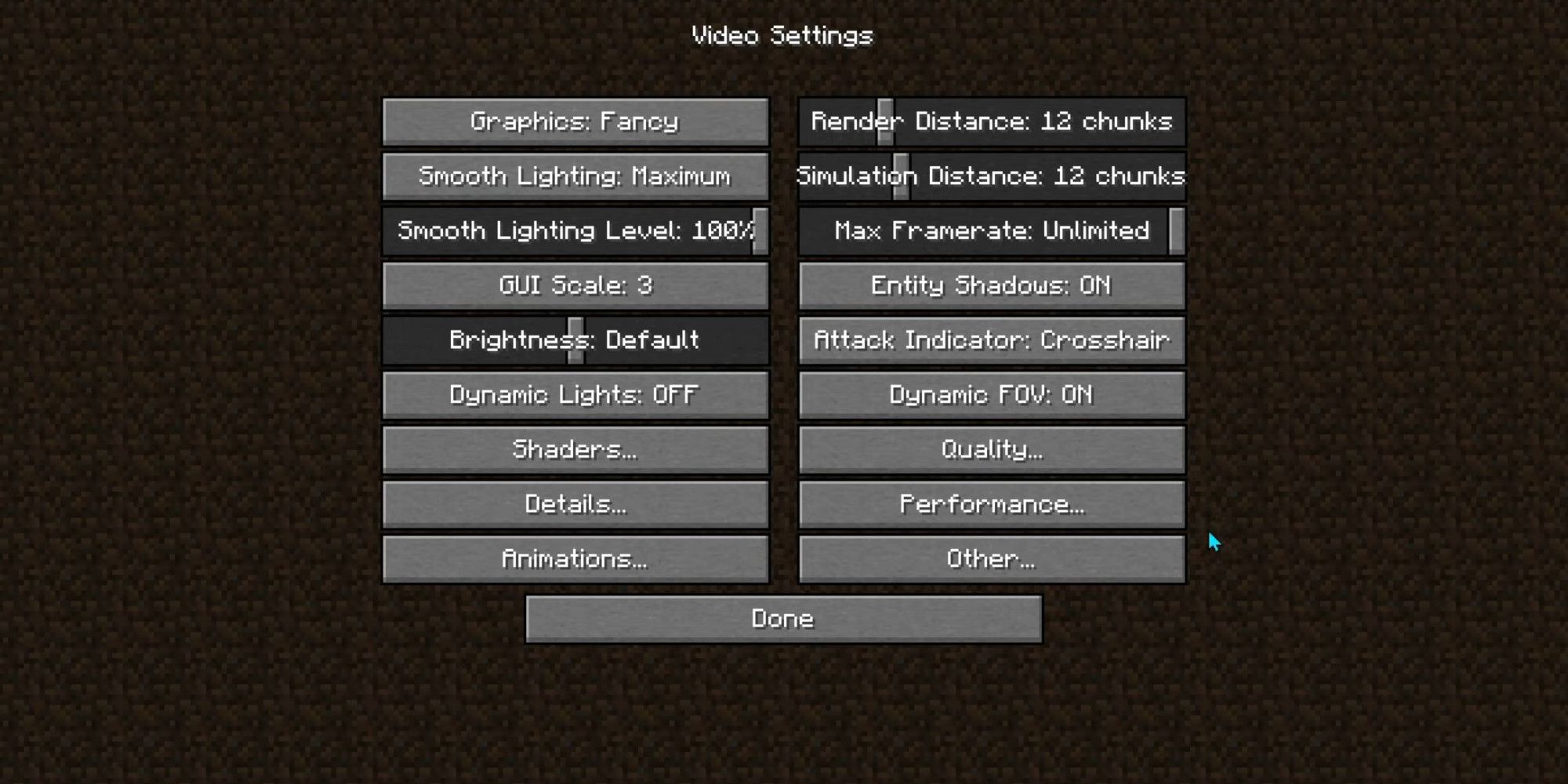 The OptiFine settings panel in Minecraft
