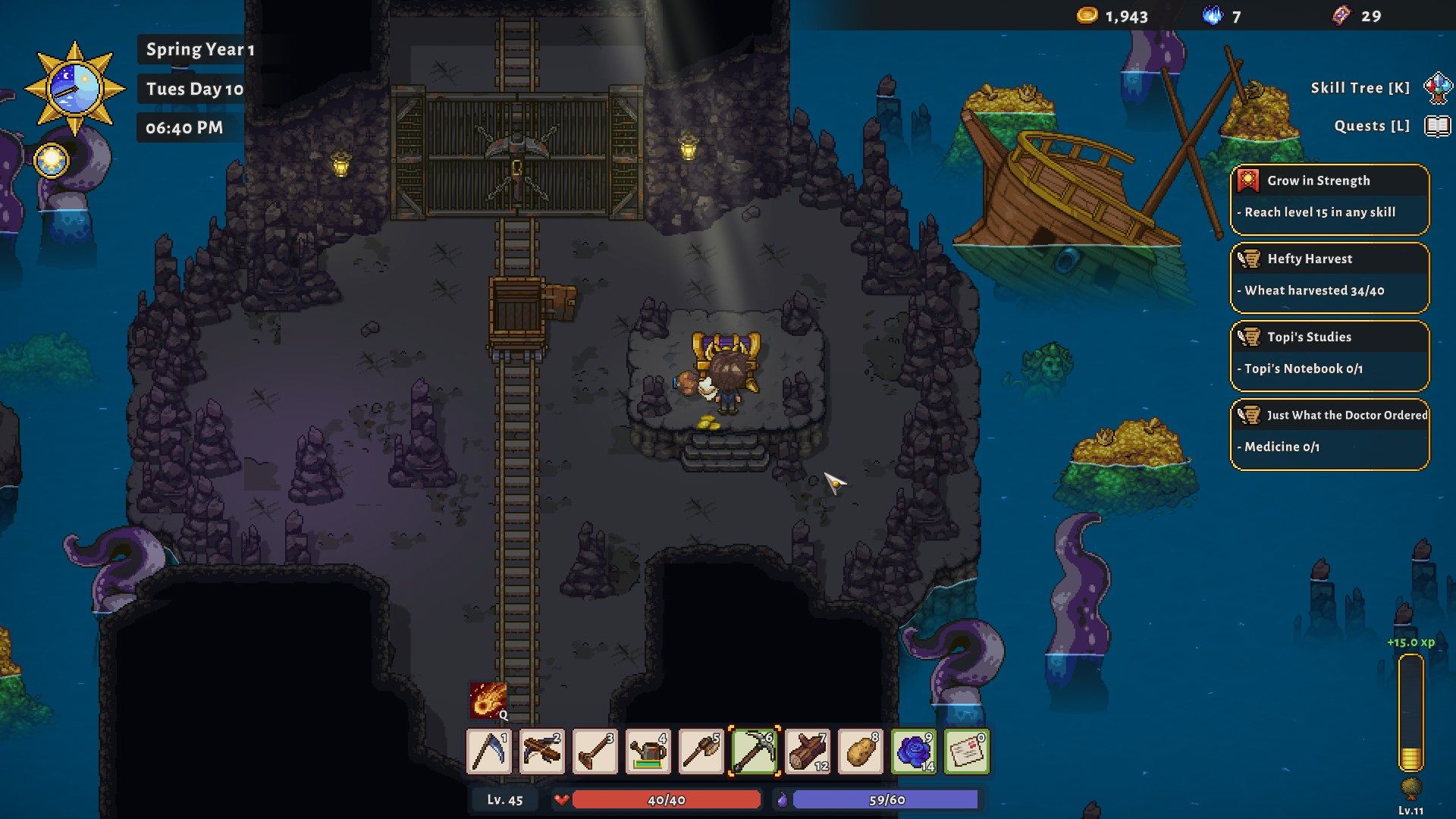 A human reaches the first treasure chest reward in the Mines in Sun Haven.