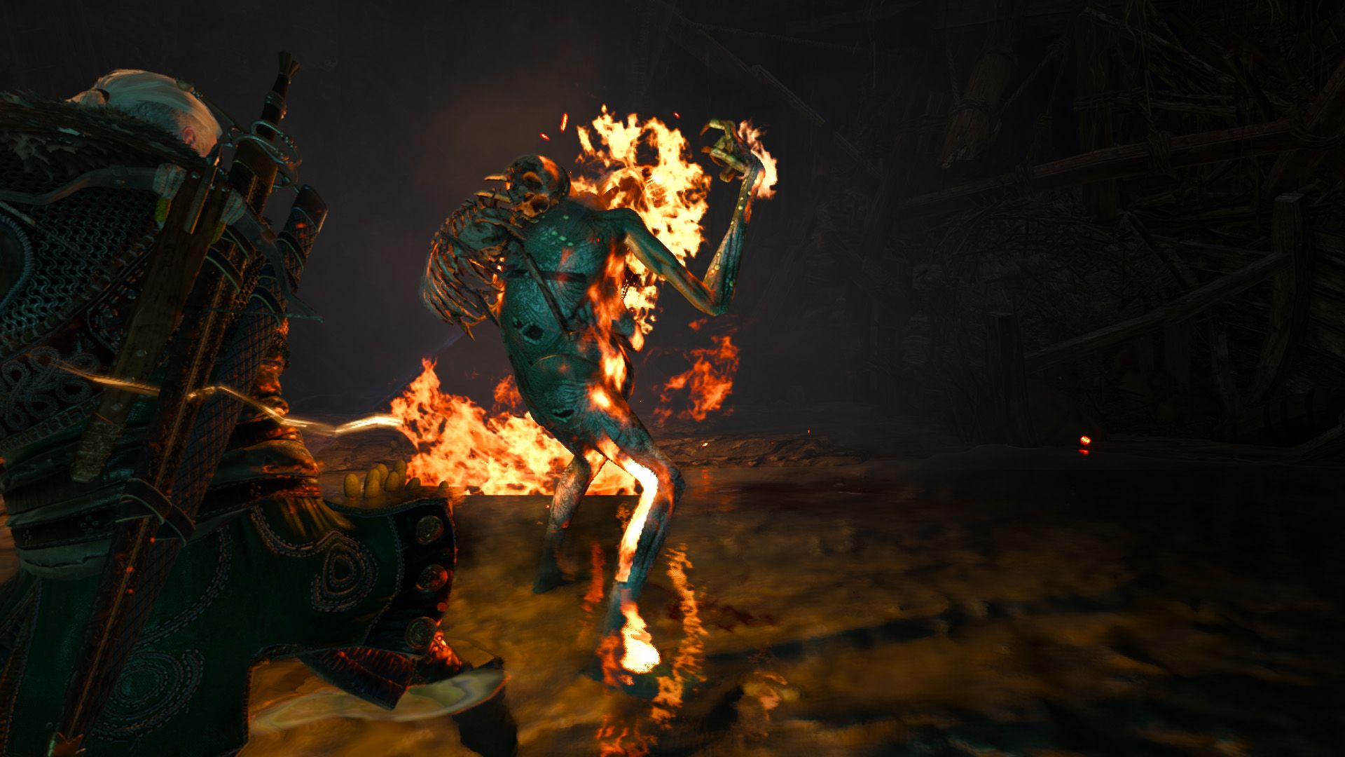 Geralt paces around a water hag after setting her alight. The flames light the dark chamber up.