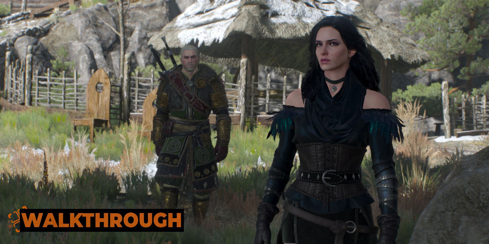 Yennerfer steps forward to speak as Geralt backs her up in a half-frozen Skelliger village.
