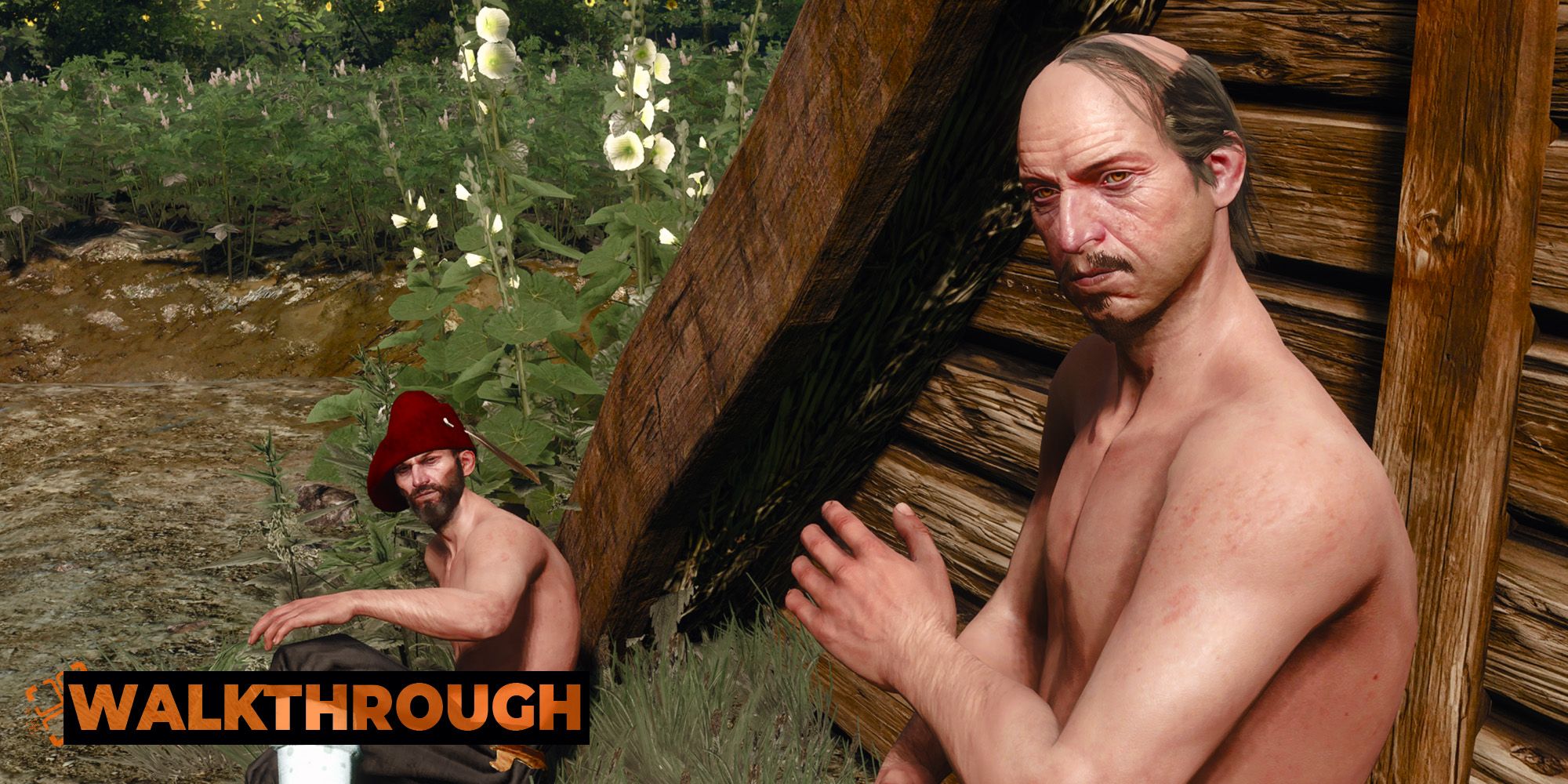 A pair of shirtless men scowl at the camera as they wait next to a wooden house in the countryside.