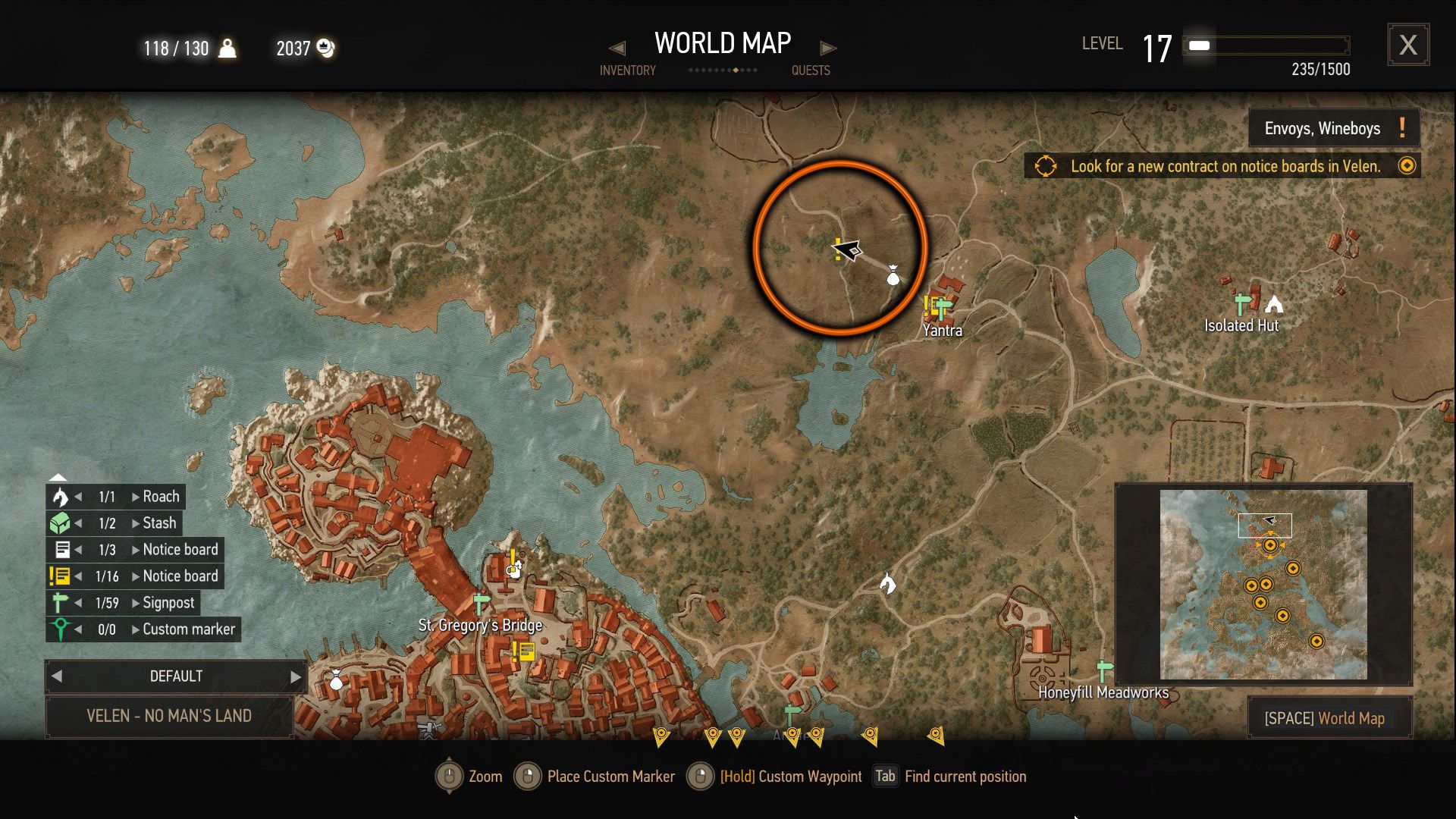 A screenshot of The Witcher 3's map, with an orange circle indicating where a quest can start. 