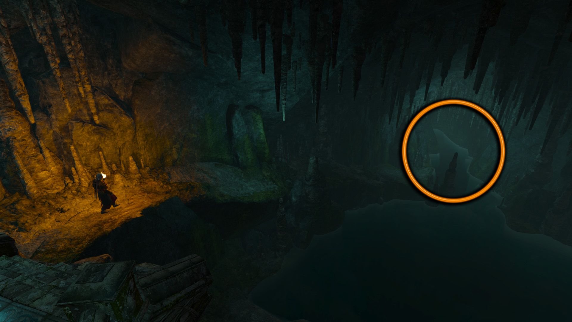 An annotated screenshot of The Witcher 3, showing Geralt walking down a slope with an orange circle indicating where he should go.