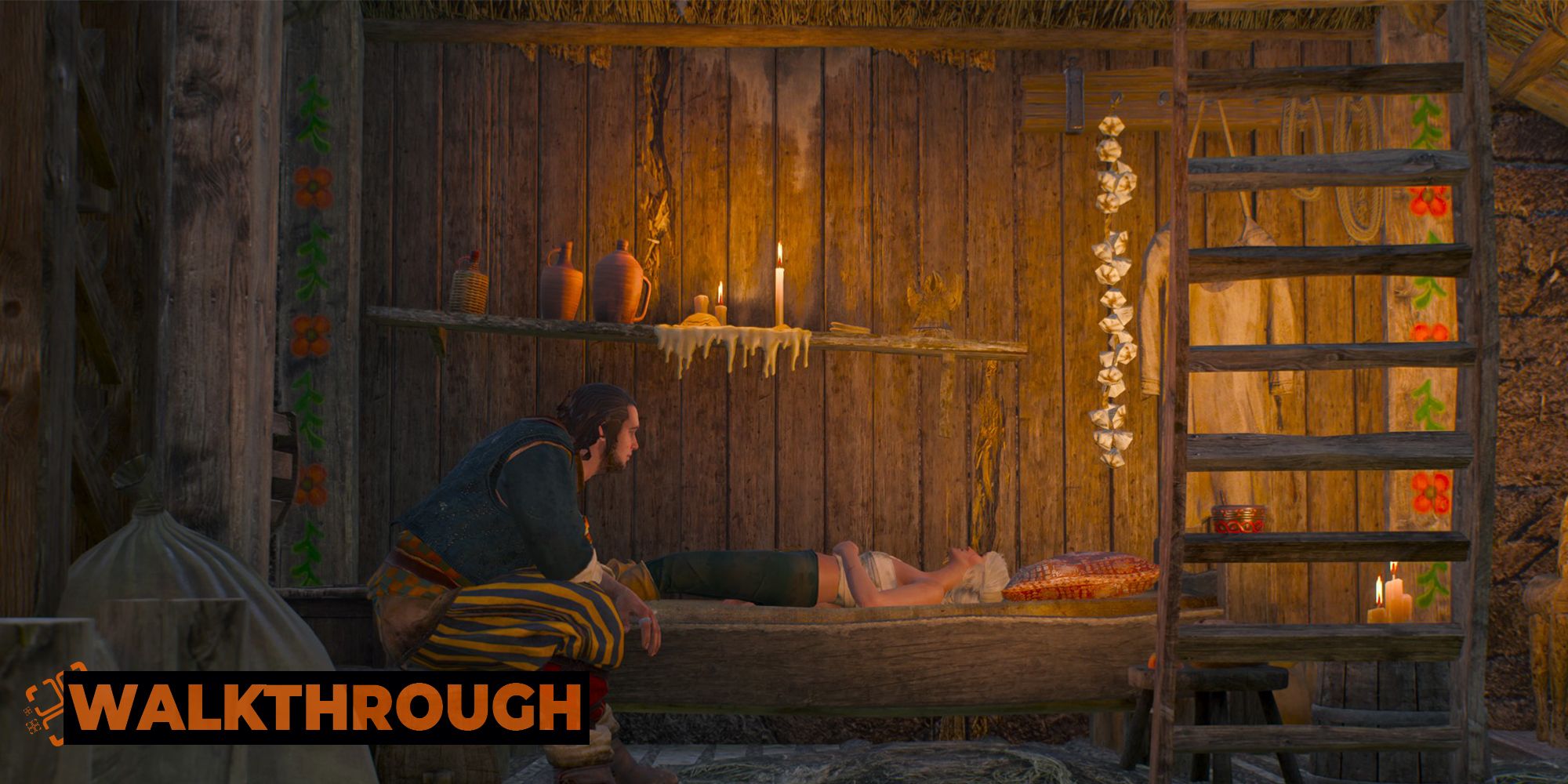 A man watches over a wounded Ciri inside his home. It is lit by candles and has some herbs decorating it.