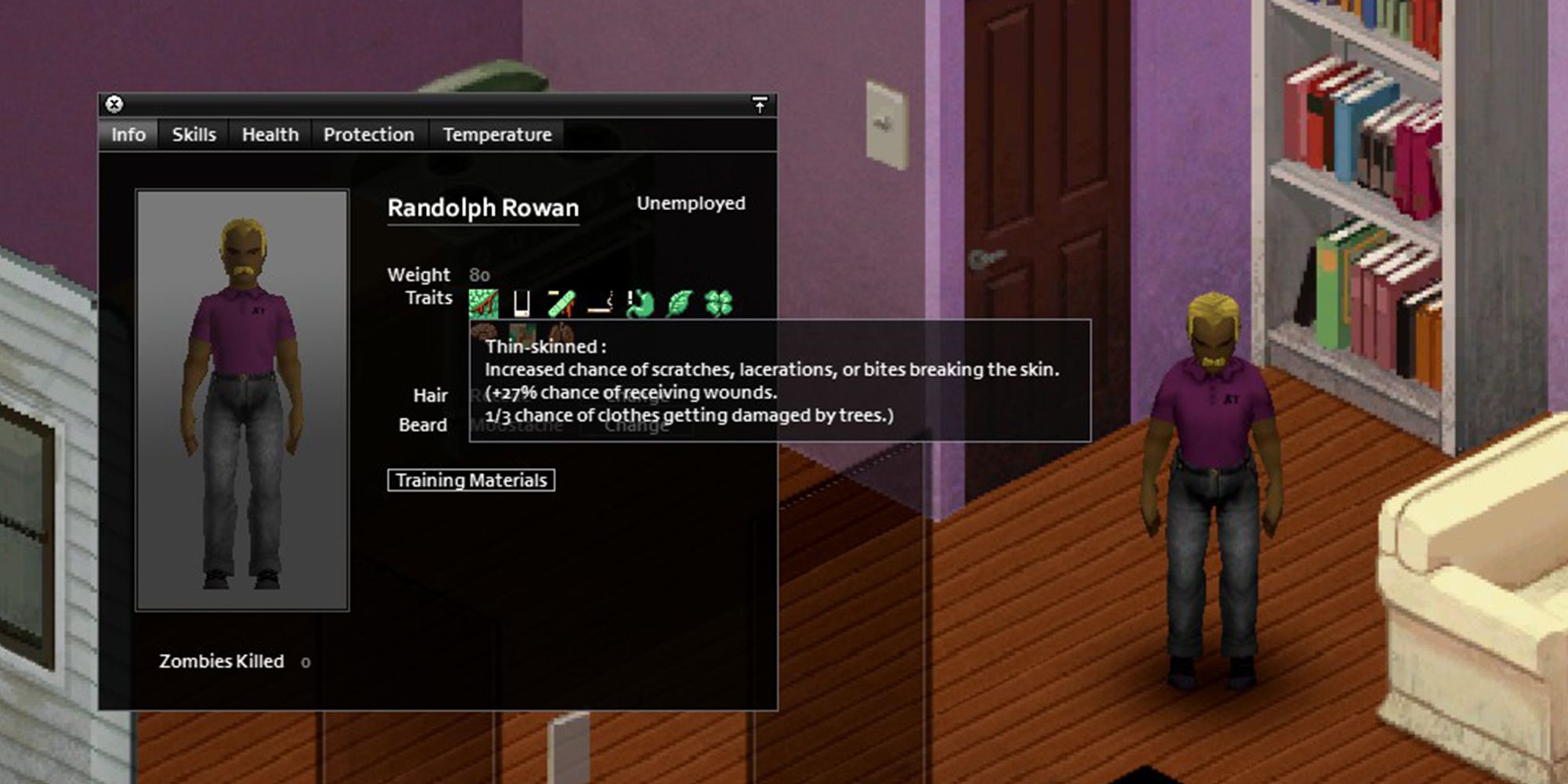 Project Zomboid - Thin Skinned: Increased chance of scratches, lacerations, or bites breaking the skin.