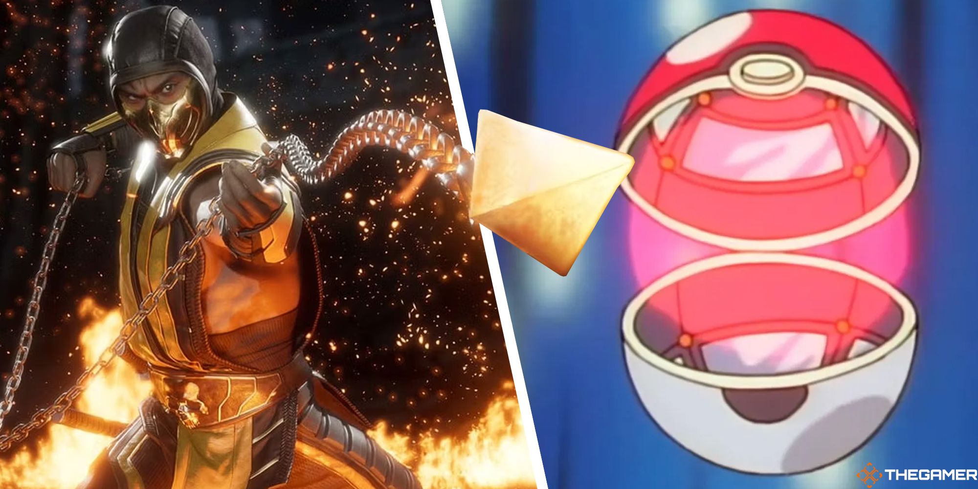 Scorpion and his kunai next to a Pokeball