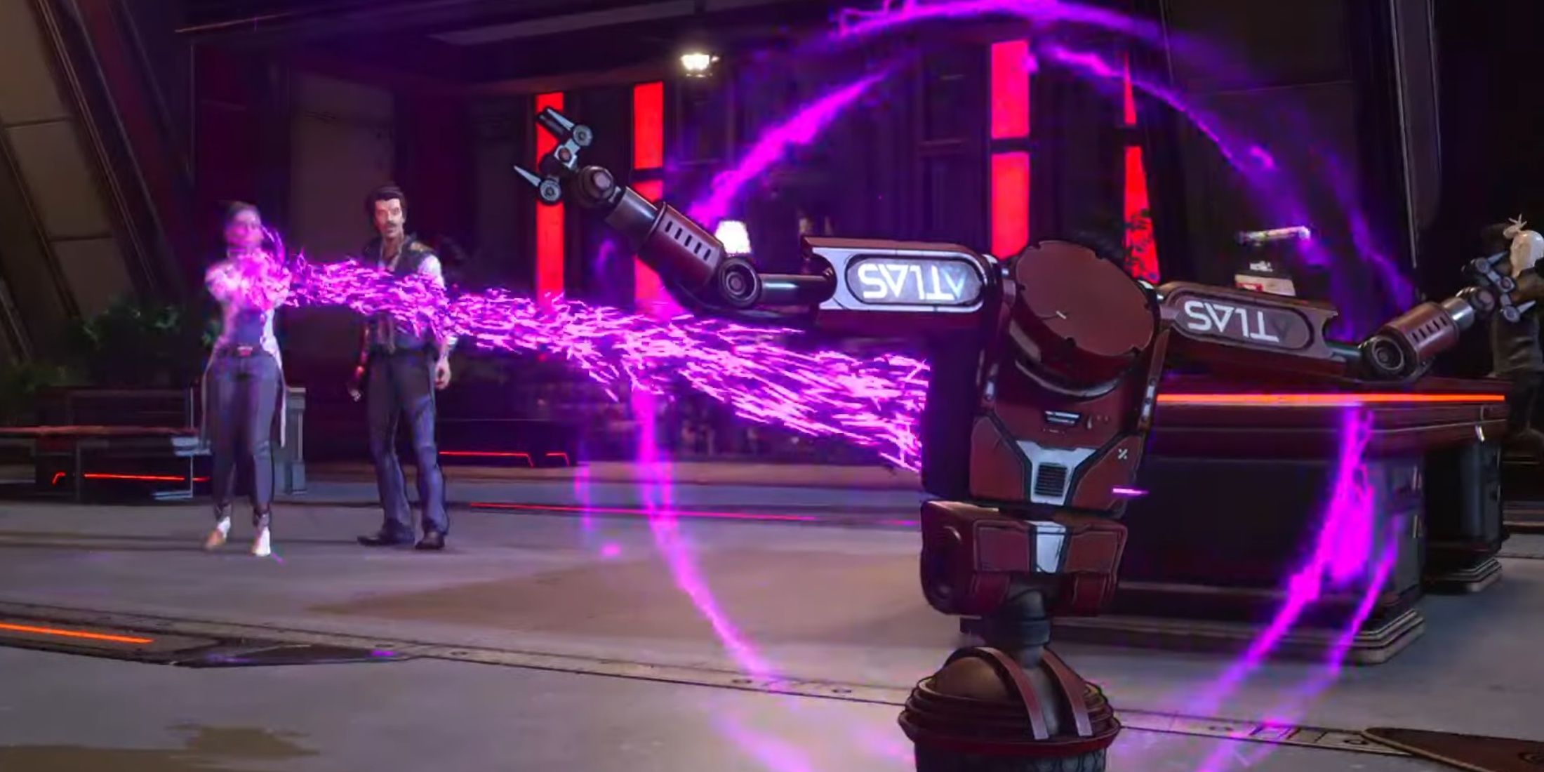Timm-E, a red robot getting hit by a purple ray