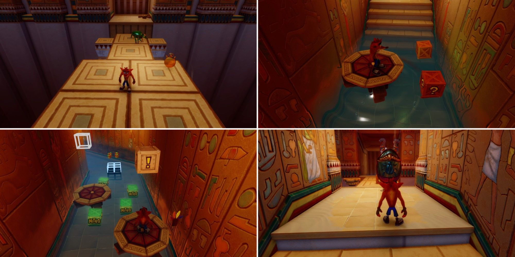 Four screenshots of the level Tomb Wader from Crash Bandicoot N-Sane Trilogy