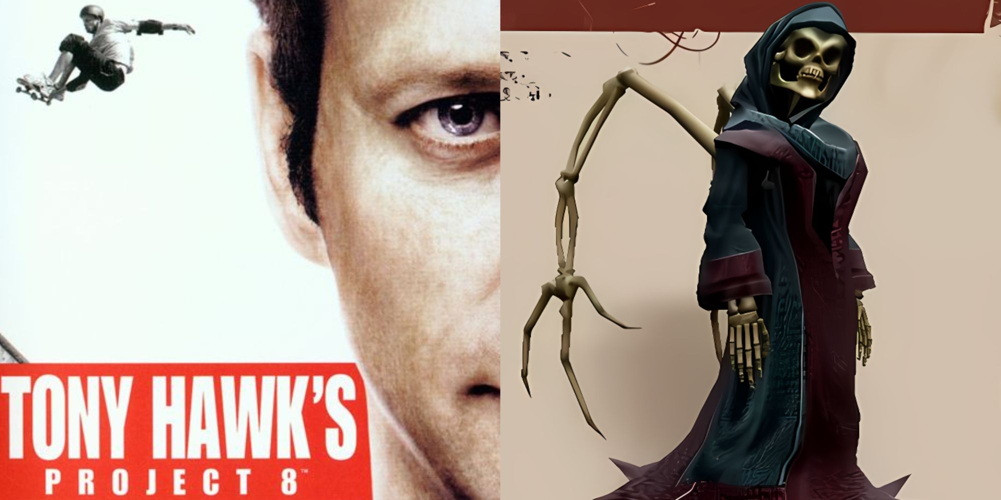 tony hawk project 8 cover with tony hawk face and skateboard trick and grim ripper's playable appearance