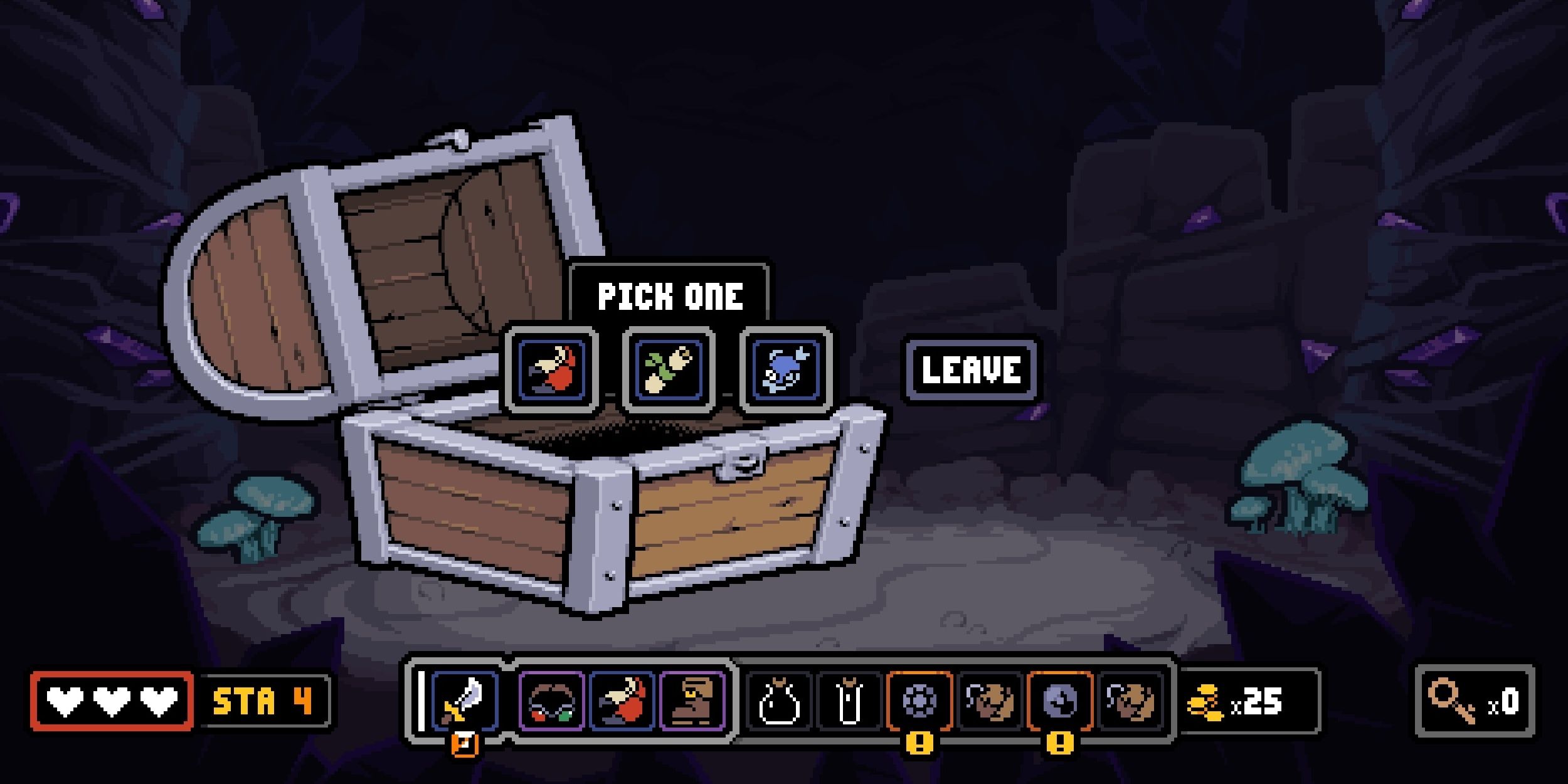 A chest of items: A crab claw, a scroll and a fish. You can pick one