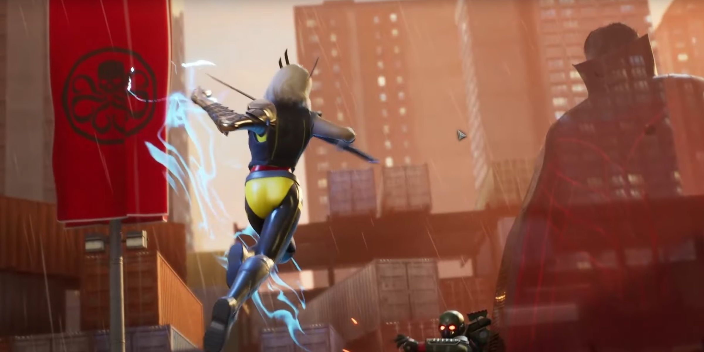 Magik takes to the air, leaving a trail of blue light in preparation to summon a portal