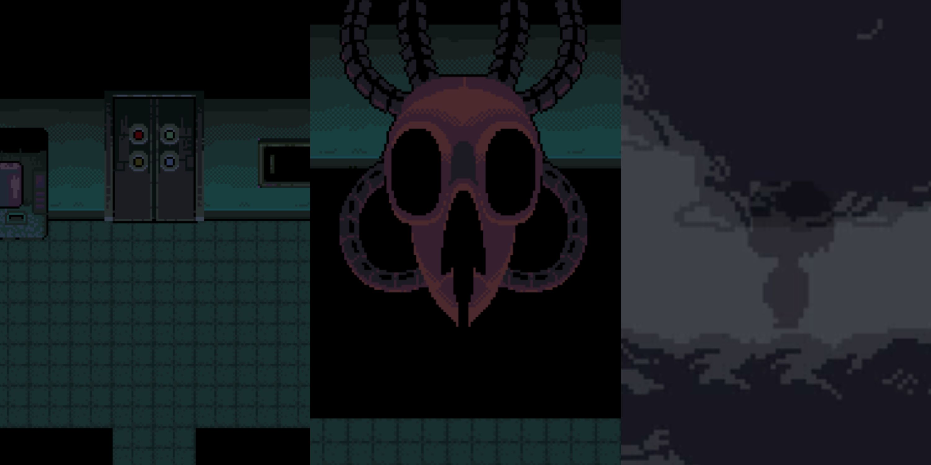 Various locations within the True Lab in Undertale - Main Elavator (Left), DT Extraction Machine (Middle), Refrigerator Room (Right)