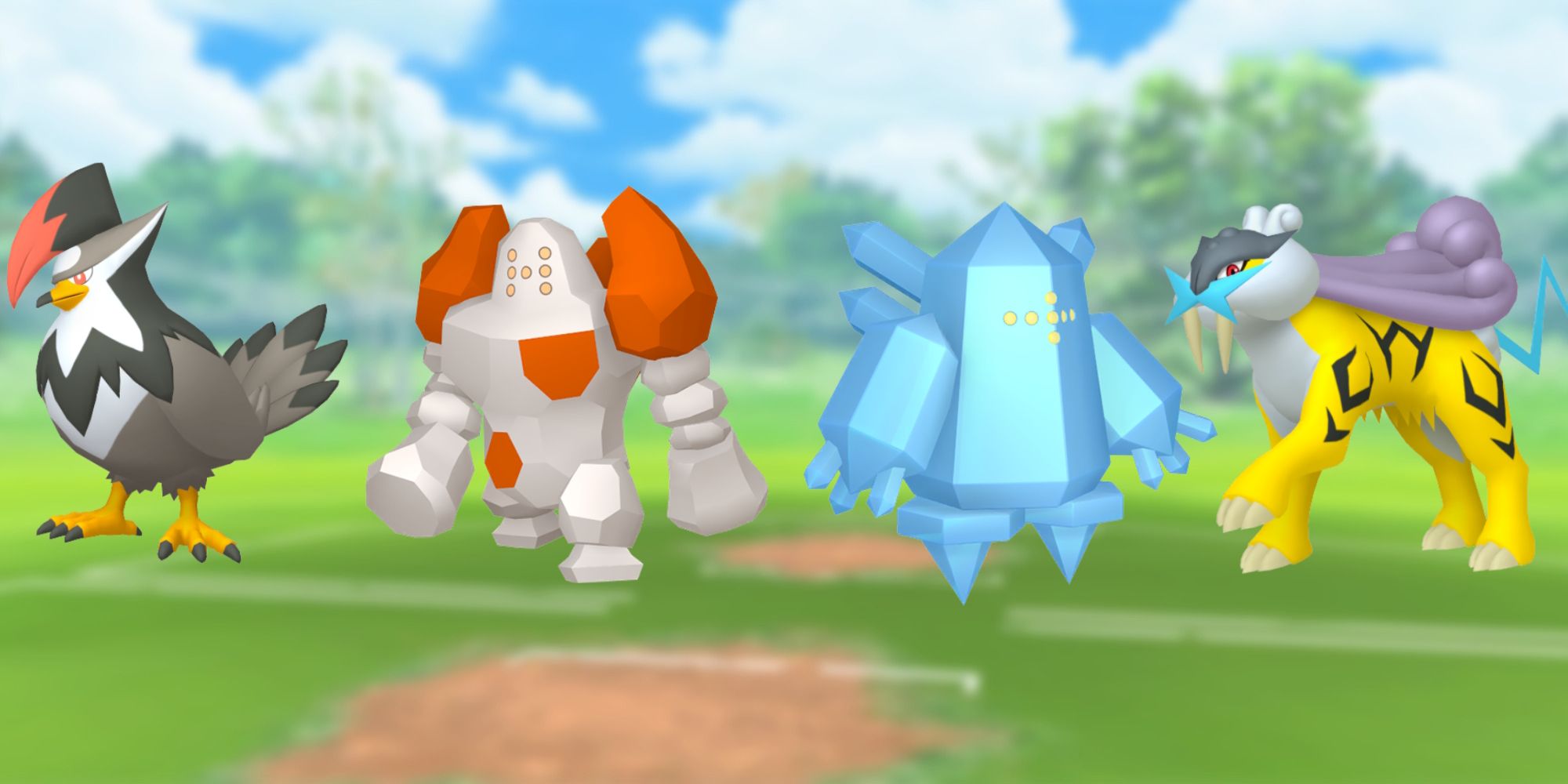 Staraptor, Regirock, Regice, and Raikou with the Pokemon Go battlefield as the background