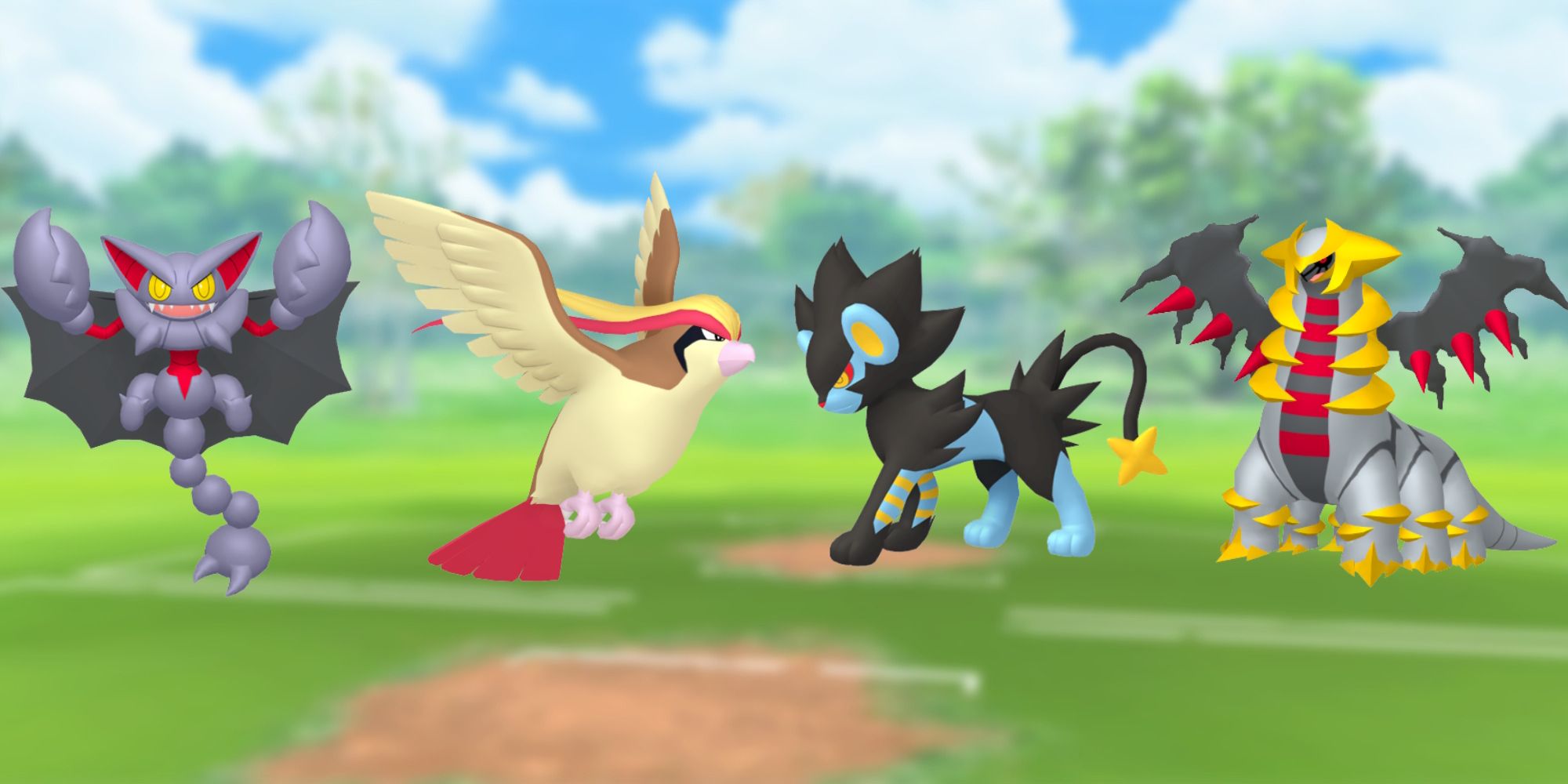 Gliscor, Pidgeot, Luxray, and Altered Forme Giratina with the Pokemon Go battlefield as the background