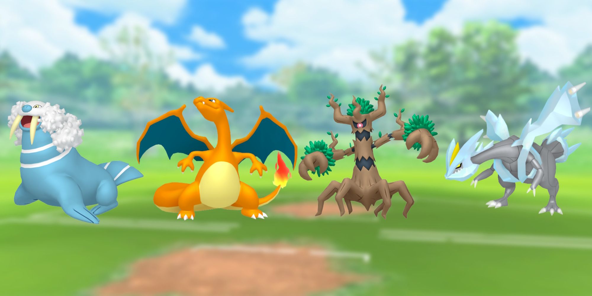 Walrein, Charizard, Trevenant, and Kyurem with the Pokemon Go battlefield as the background