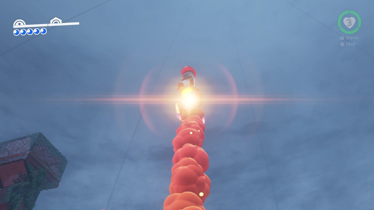Mario captured a rocket ship and shoots into the sky in the Wooded Kingdom in Super Mario Odyssey.