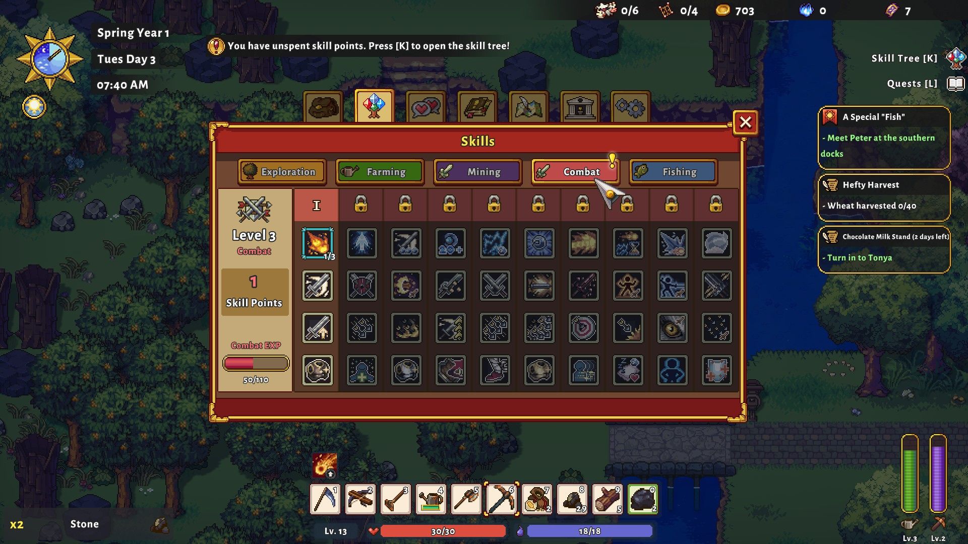 The entire combat skill tree with its corresponding passive and active skills in Sun Haven.
