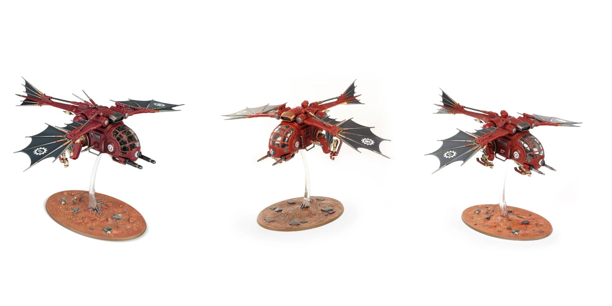 Each pattern of Adeptus Mechanicus Archaeopter from Warhammer 40,00; from left to right, a Stratoraptor, a Fusilave, and a Transvector