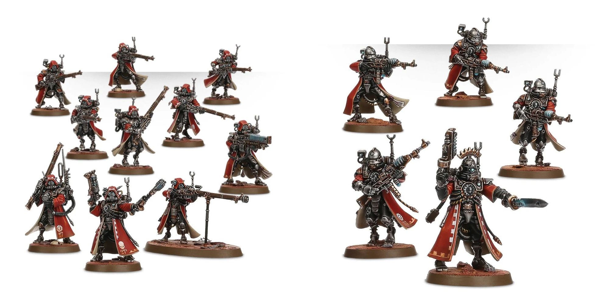 Two squads of Adeptus Mechanicus Skitarii from Warhammer 40k: Rangers (left) and Vanguard (right)