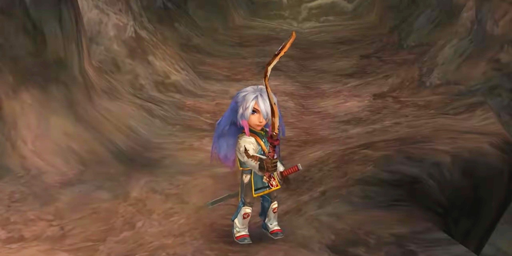 The character Grey holding up a Warrior's sword - Romancing Saga Minstrel Song