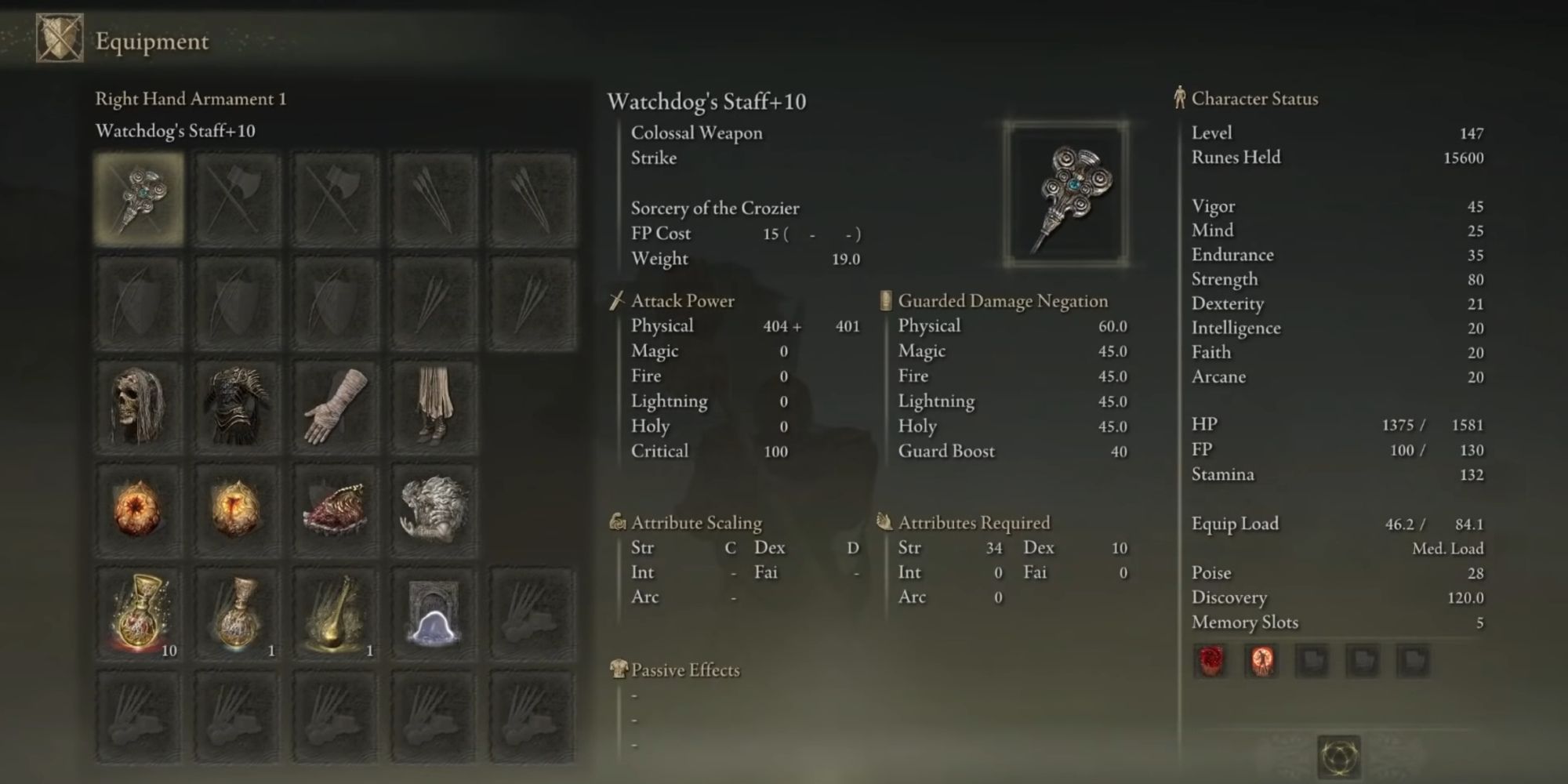 Watchdog's Staff stat page in Elden Ring