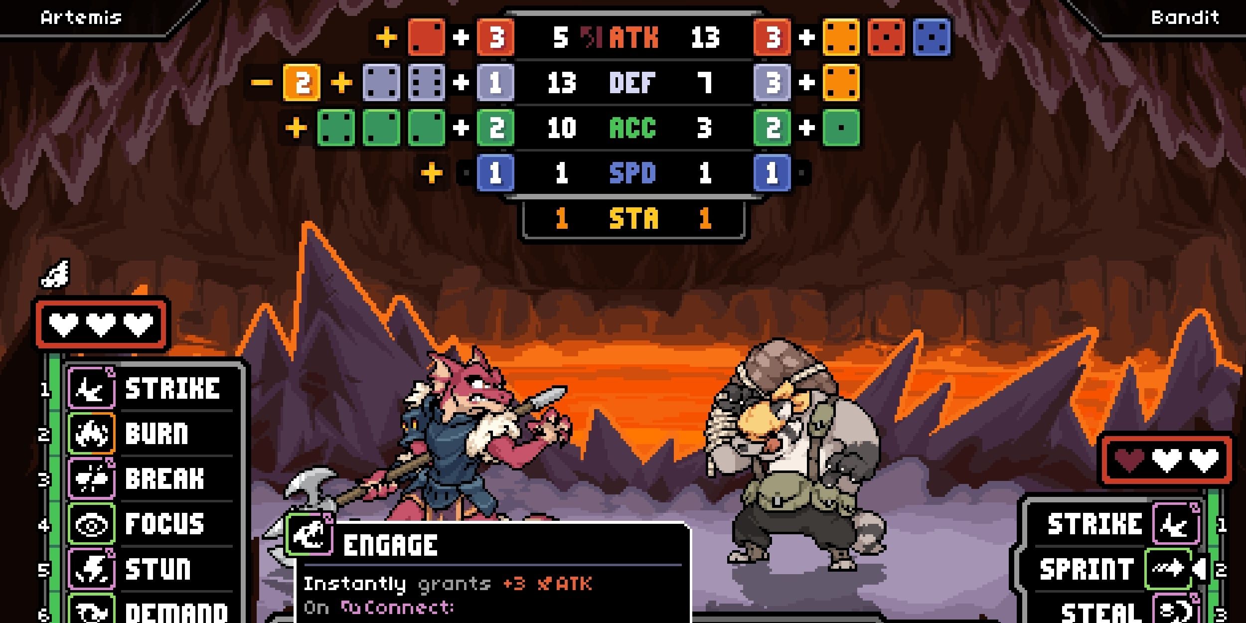 Lizard Lady Artemis preparing to attack a Bandit in a lava cave