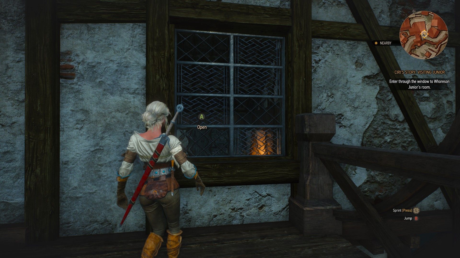 A screenshot of The Witcher 3 of Ciri standing outside a window with a prompt to open it.