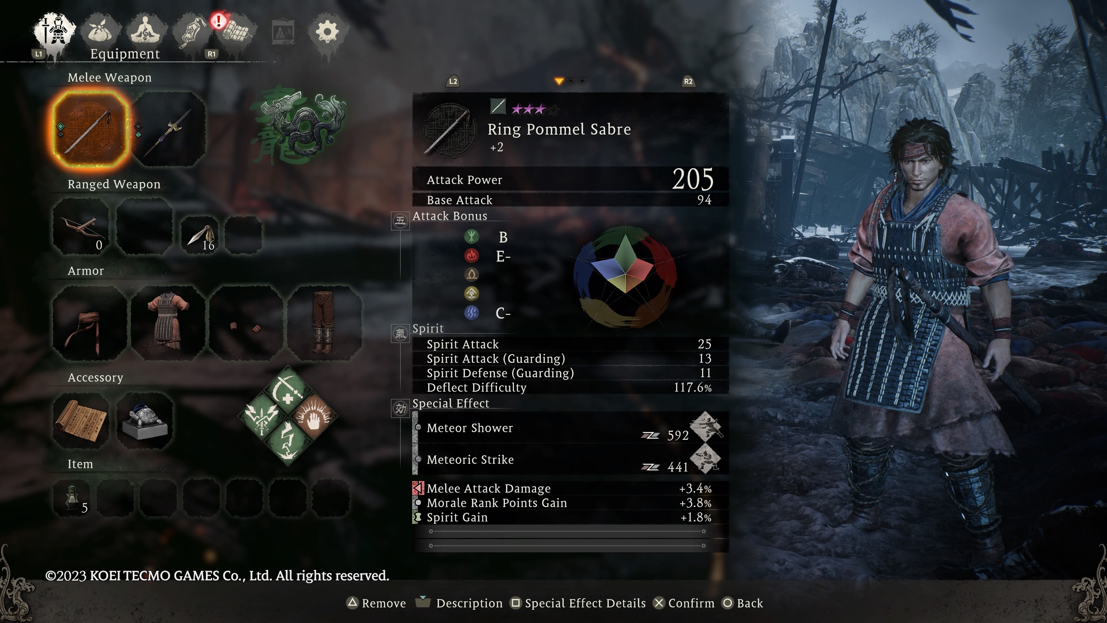 Wo Long: Fallen Dynasty - menu showing our equipped weapon for the Lu Bu boss fight.