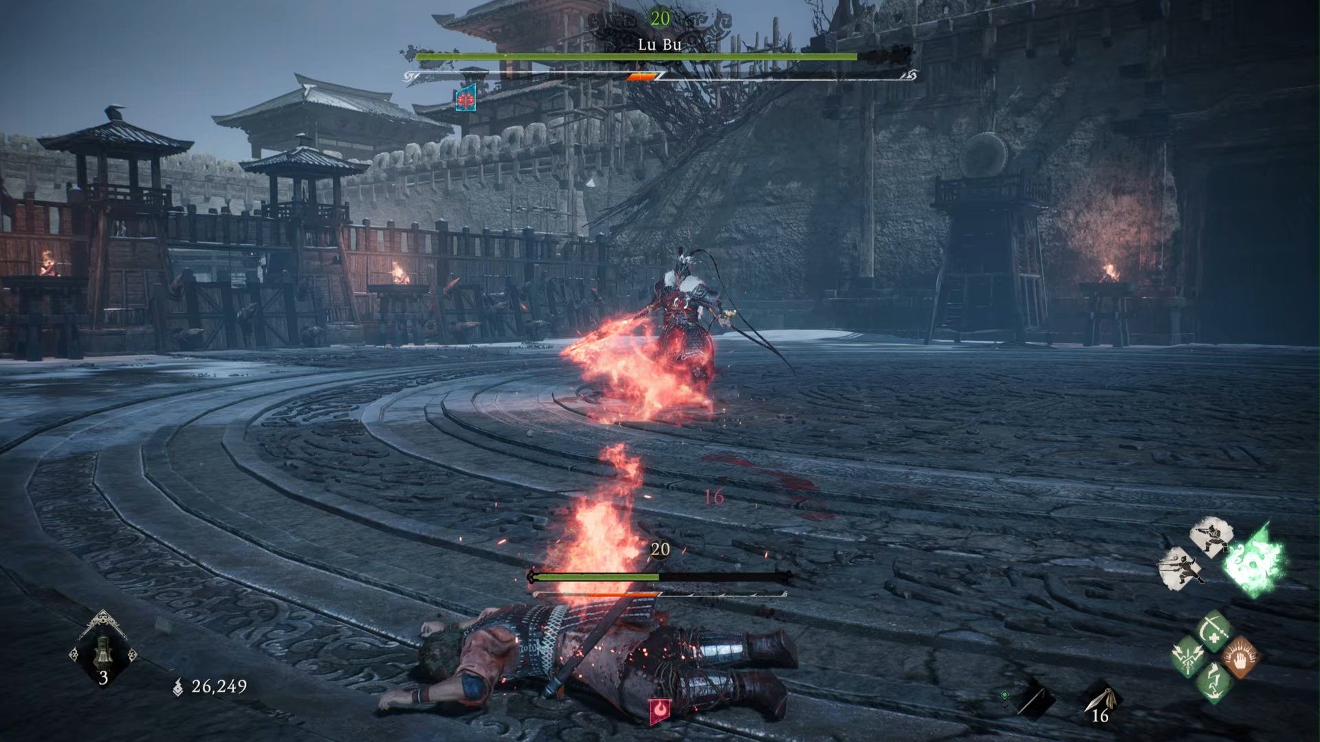 Wo Long: Fallen Dynasty - Lu Bu hits us with his critical strike while on foot, knocking our character down