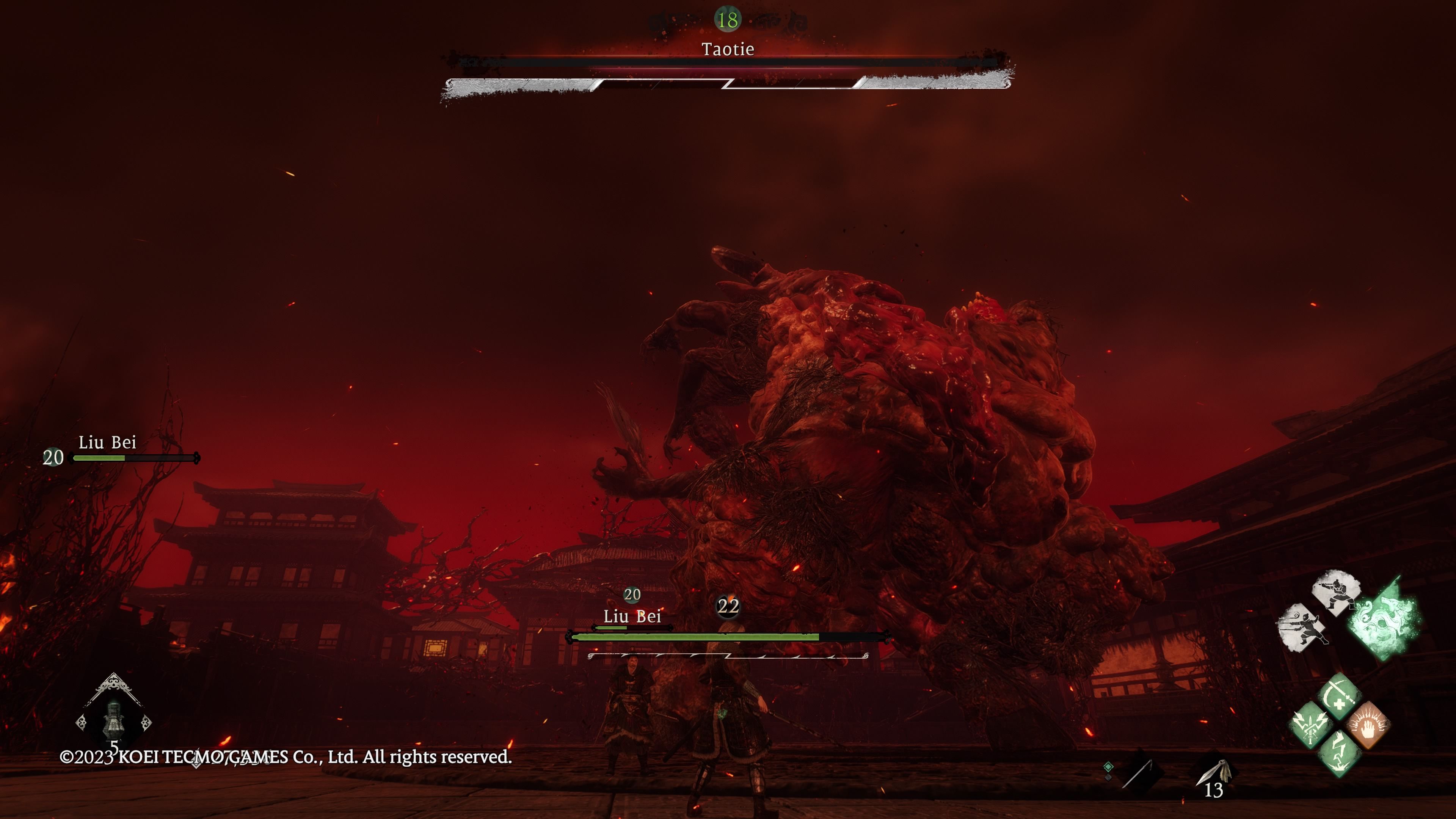 Wo Long: Fallen Dynasty - Taotie at low hp, rearing up before falling over.