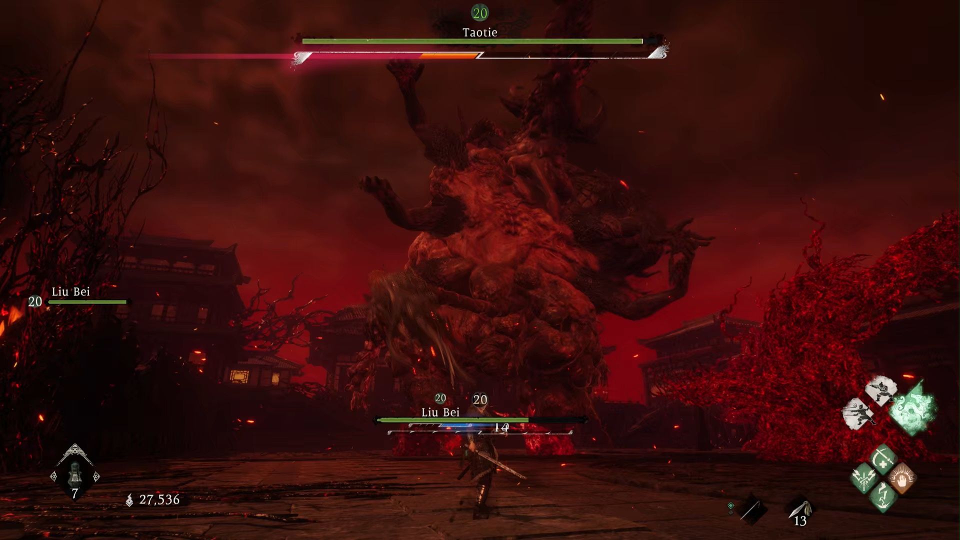 Wo Long: Fallen Dynasty - Taotie looms large over our character as a red hue encompases the whole area