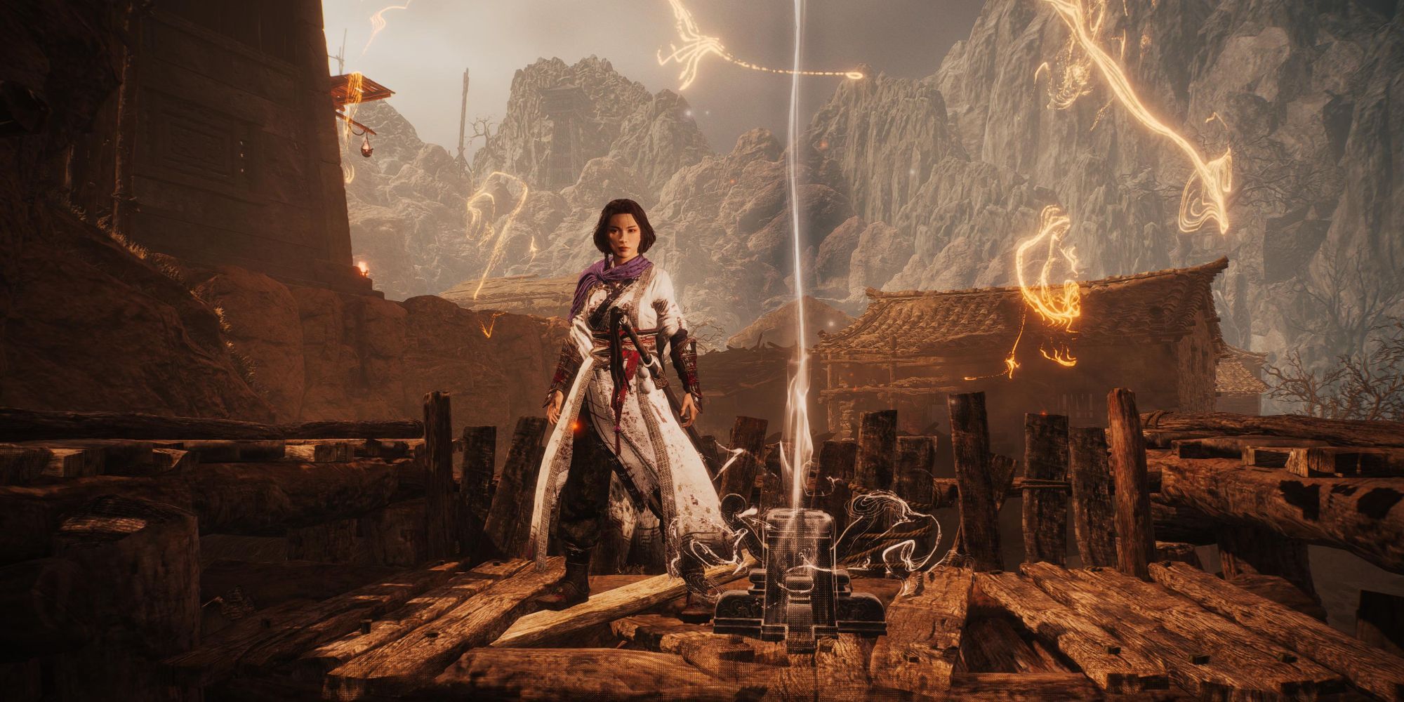 Wo Long: Fallen Dynasty - main character stands by an unclaimed marking flag 