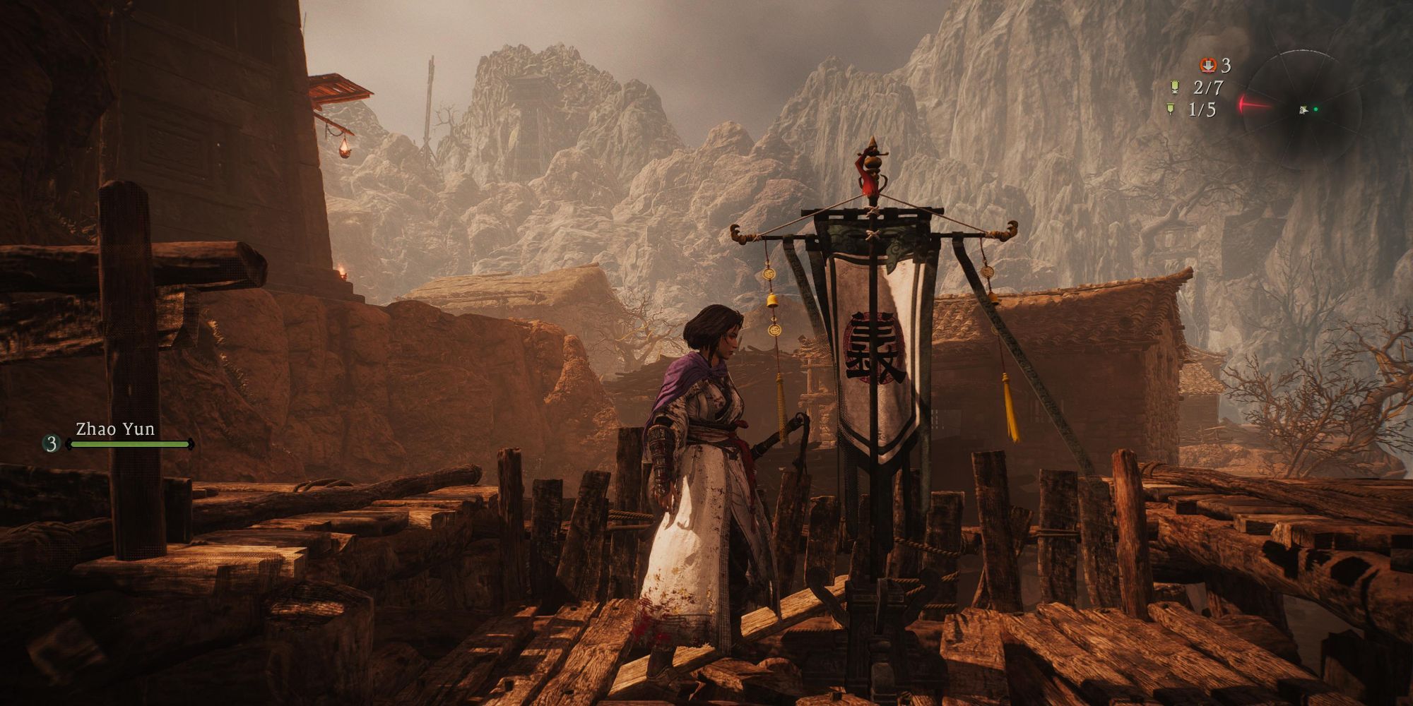 Wo Long: Fallen Dynasty - Second mission marking flag first location with the main character next to it