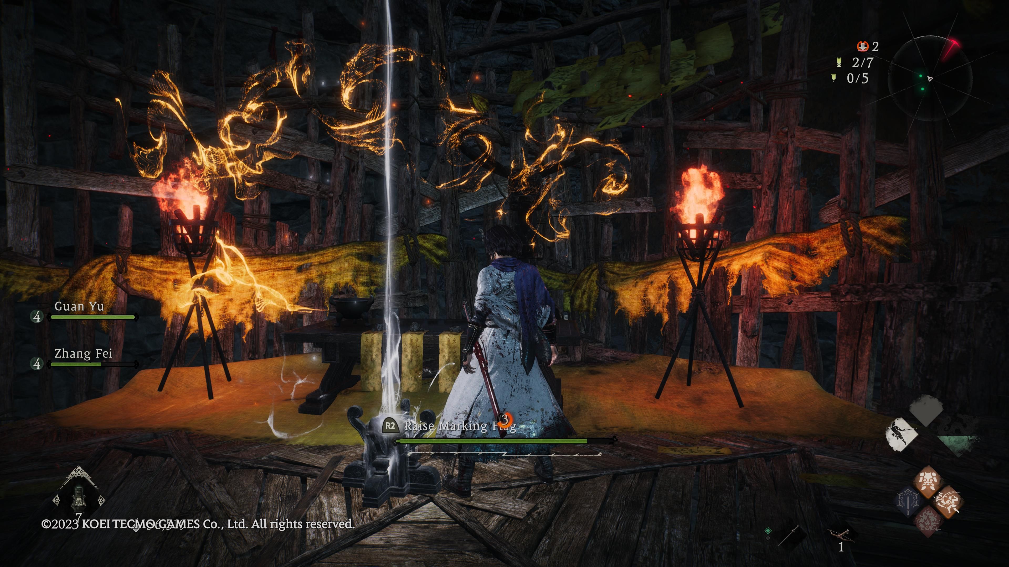 Wo Long: Fallen Dynasty - Third mission marking flag location with out character standing next to it