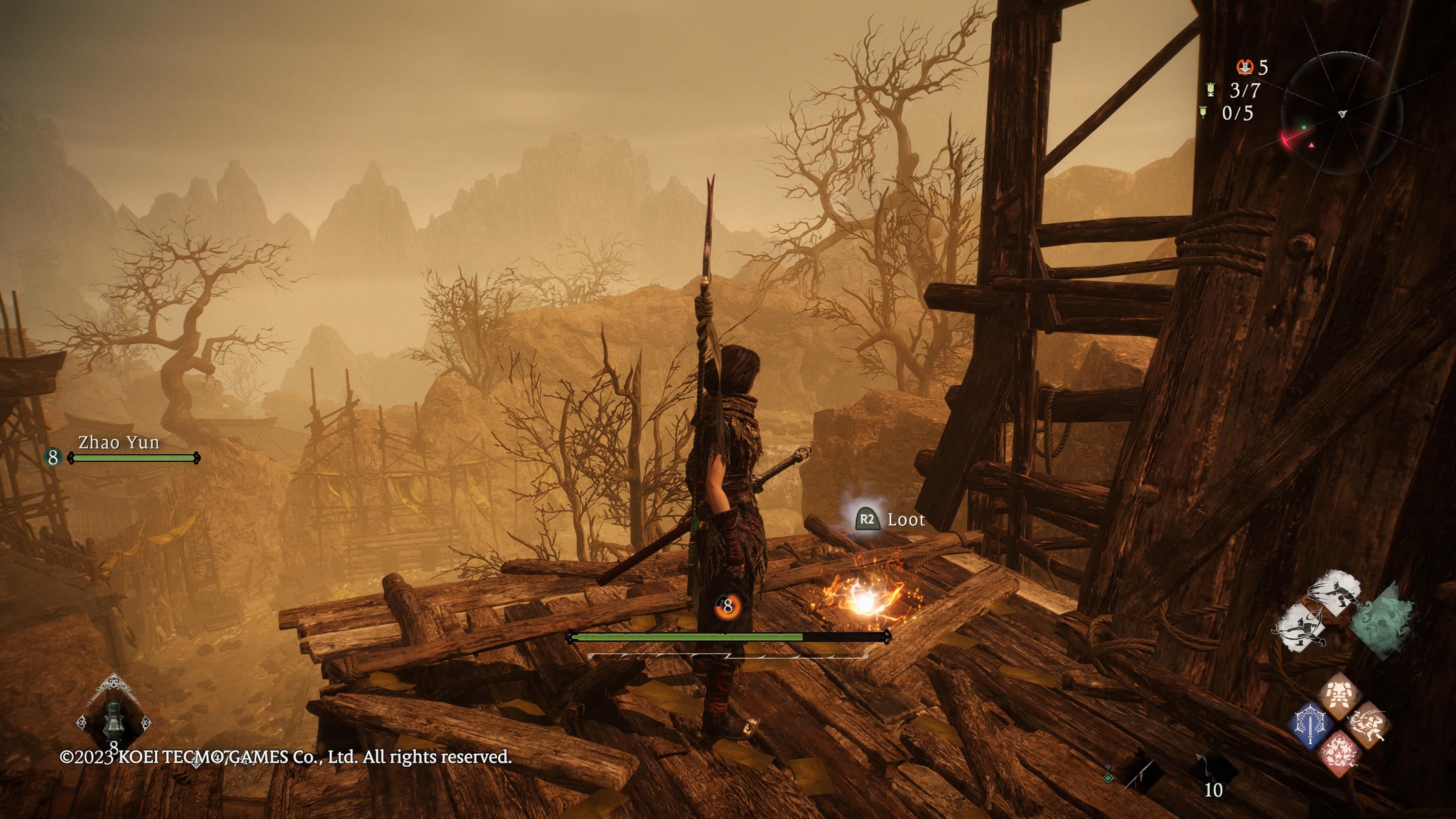 Wo Long: Fallen Dynasty - our character stands on a wooden platform up high in front of the Golden Cicada Shell