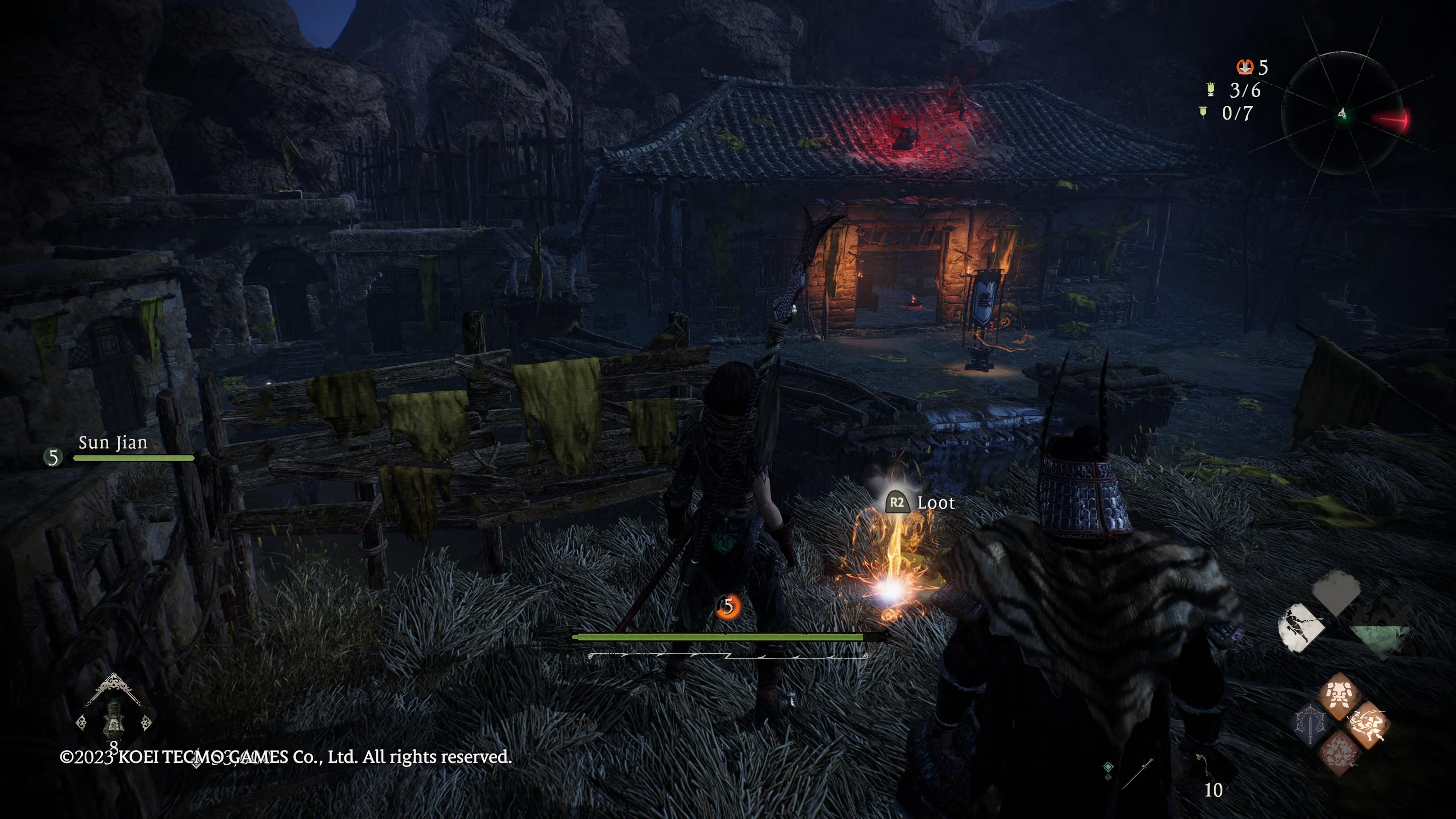 Wo Long: Fallen Dynasty - The golden shell is in front of our character, and we can see the third battle flag from its location