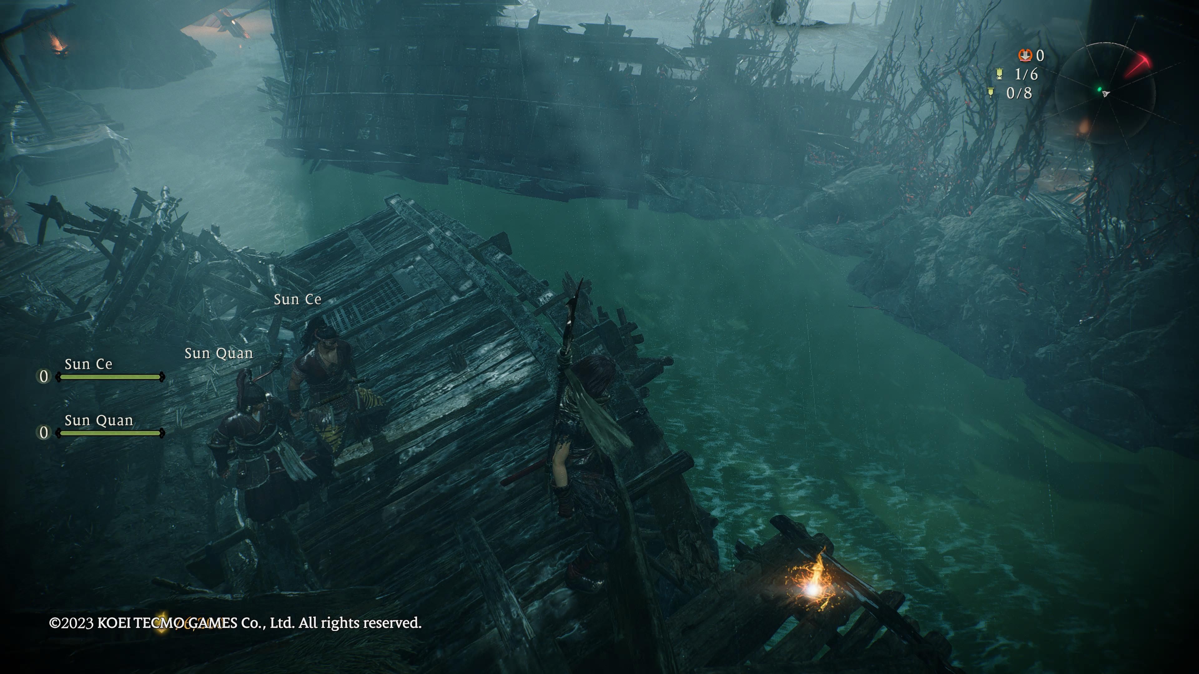 Wo Long: Fallen Dynasty - Standing on top of a crashed boat, we see an item below us sticking out on a wooden plank