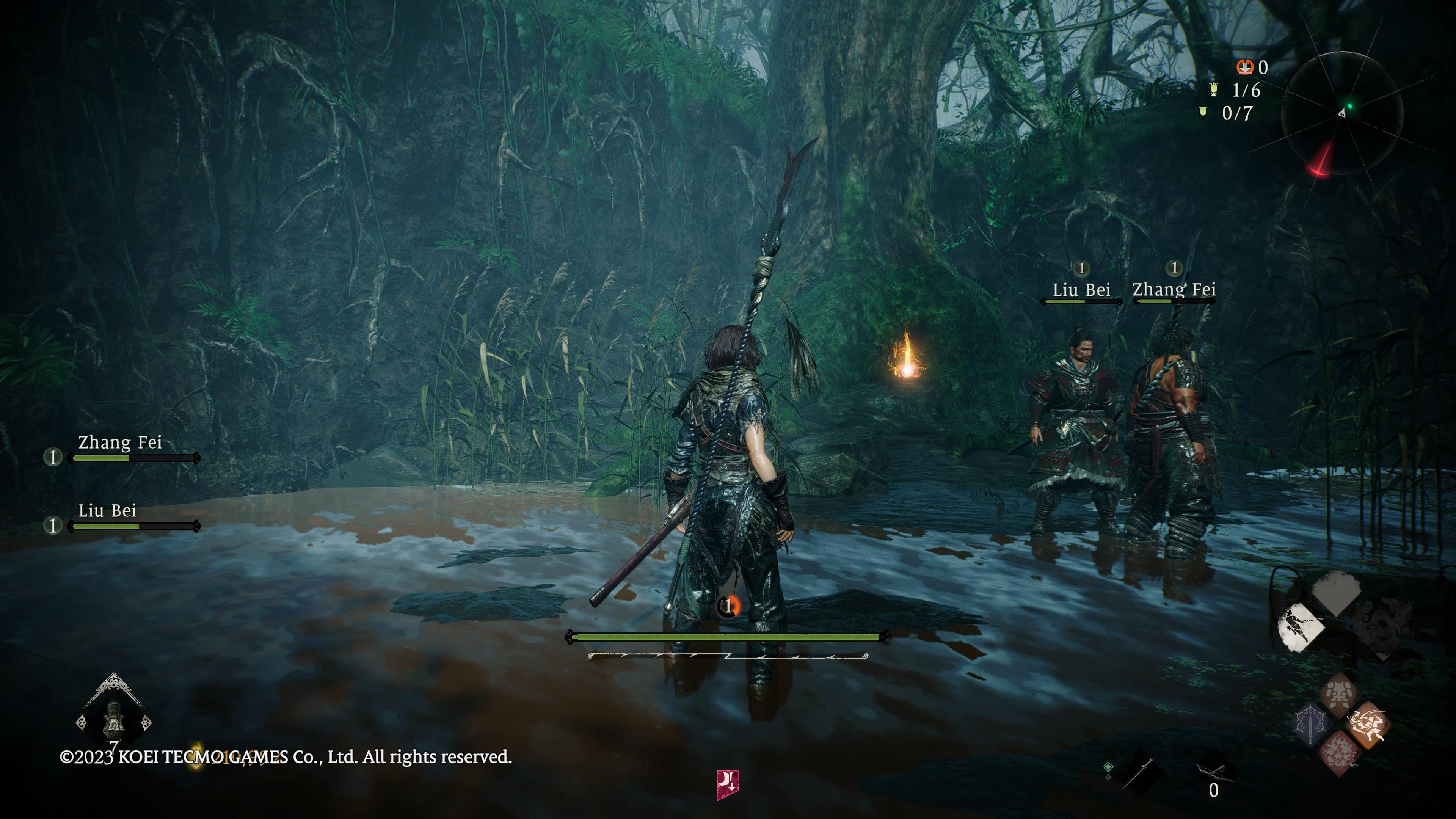 Wo Long: Fallen Dynasty - our character and followers stand in water, looking at a large tree with the Golden Cicada Shell at its base