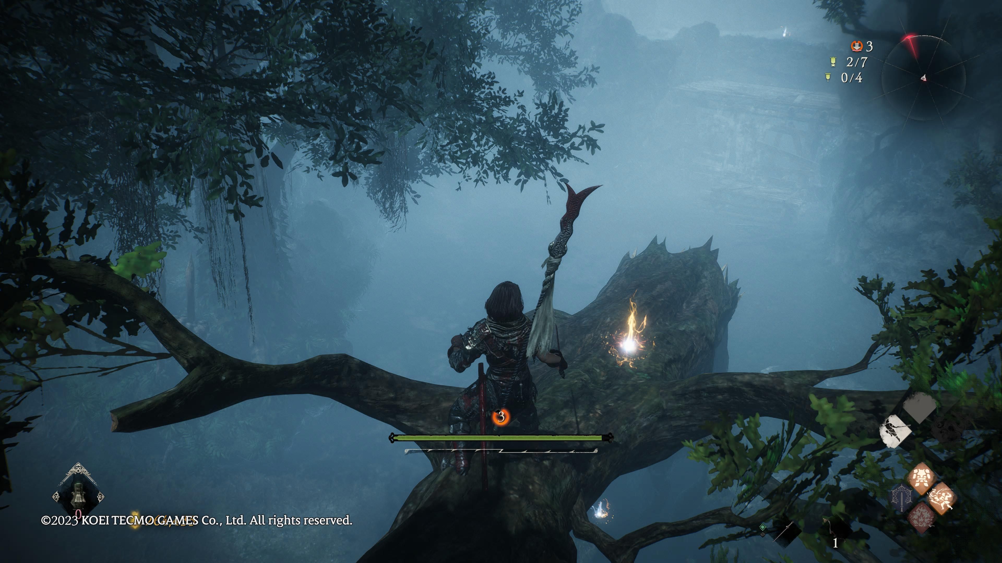 Wo Long: Fallen Dynasty - we stand on a broken tree branch in an area covered in fog.