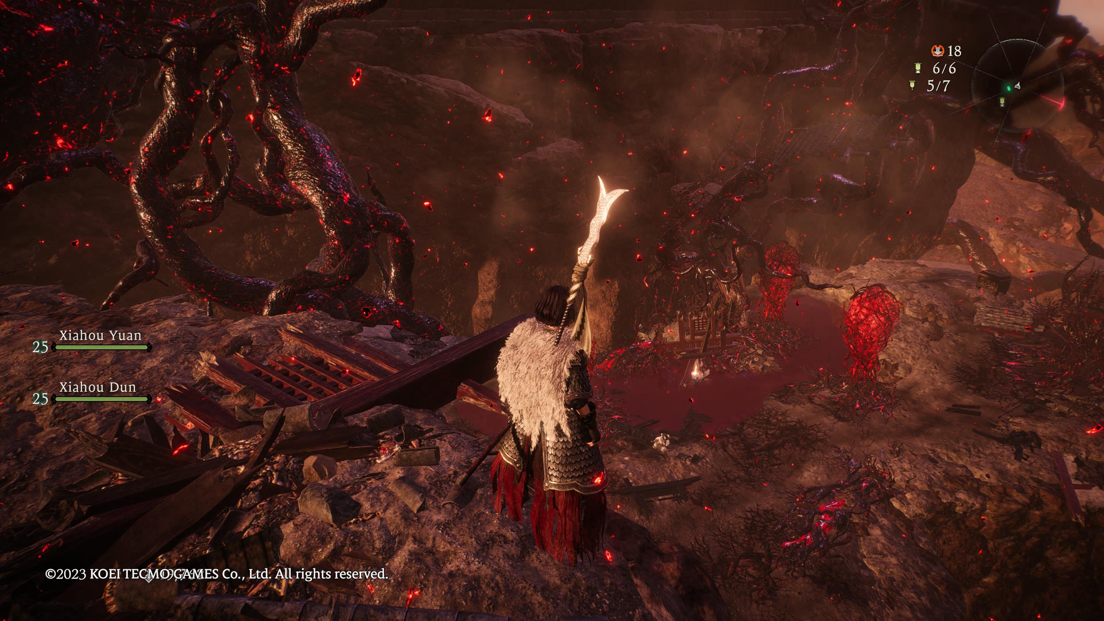 Wo Long: Fallen Dynasty - From above, we see the location of the next Golden Cicada Shell, in the red pool behind the panda demon