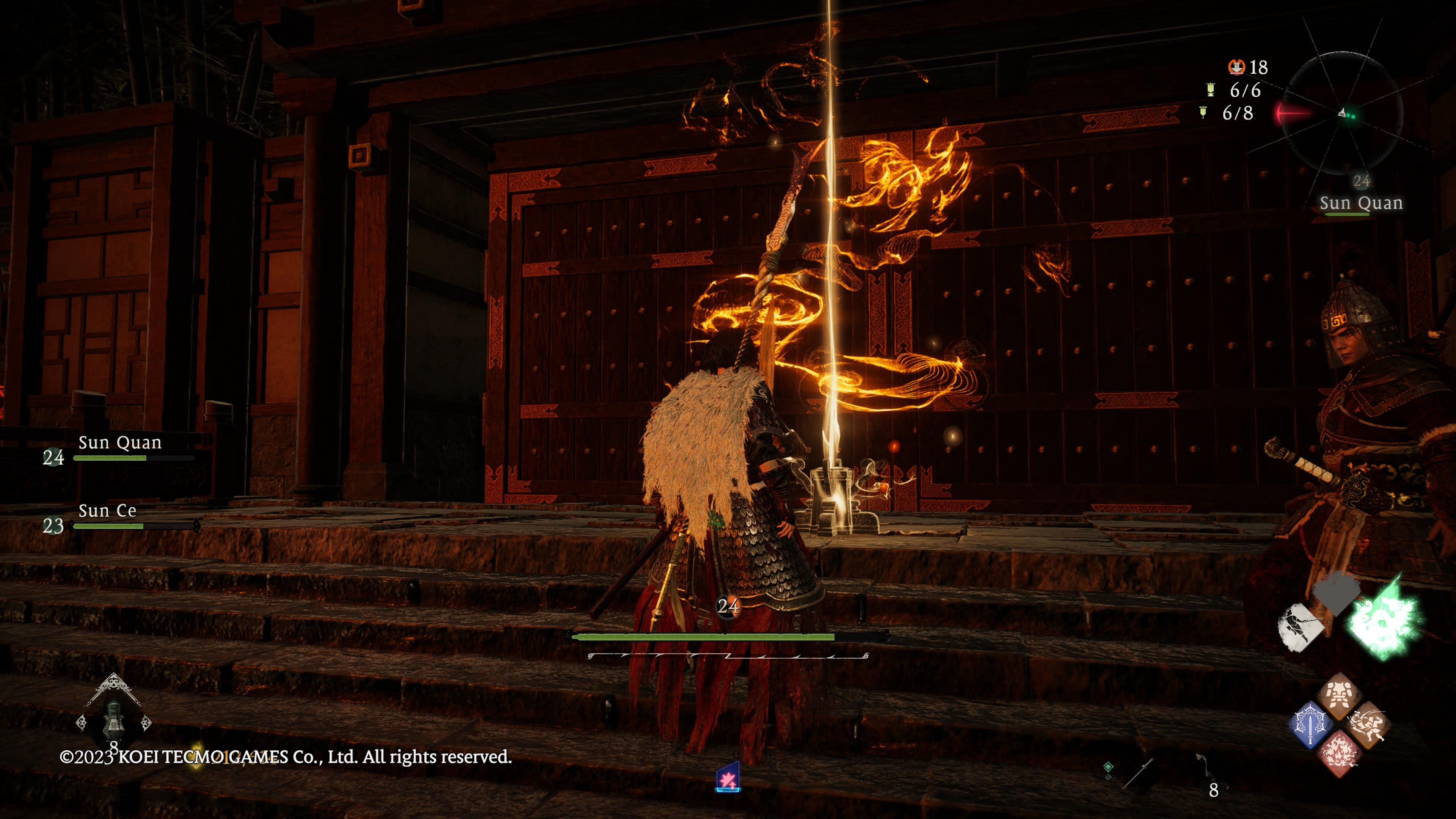Wo Long: Fallen Dynasty - our character sees a Marking Flag at the top of some stairs opposite a large gate 