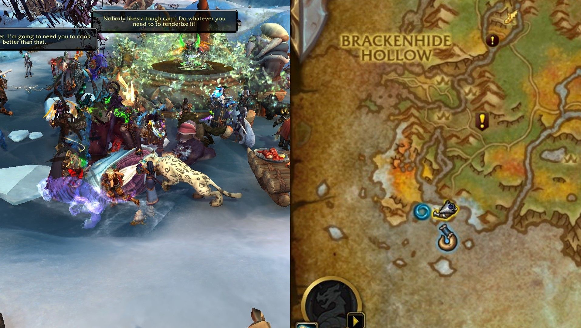 A split image showing the map location of the Community Feast and one in progress in World of Warcraft.