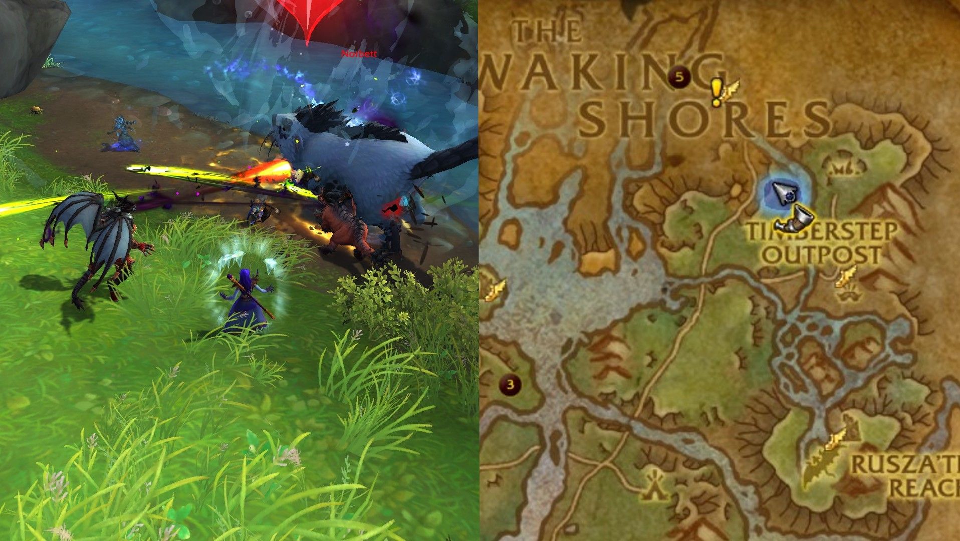 A split image showing the map location of a Grand Hunt and one in progress in World of Warcraft.